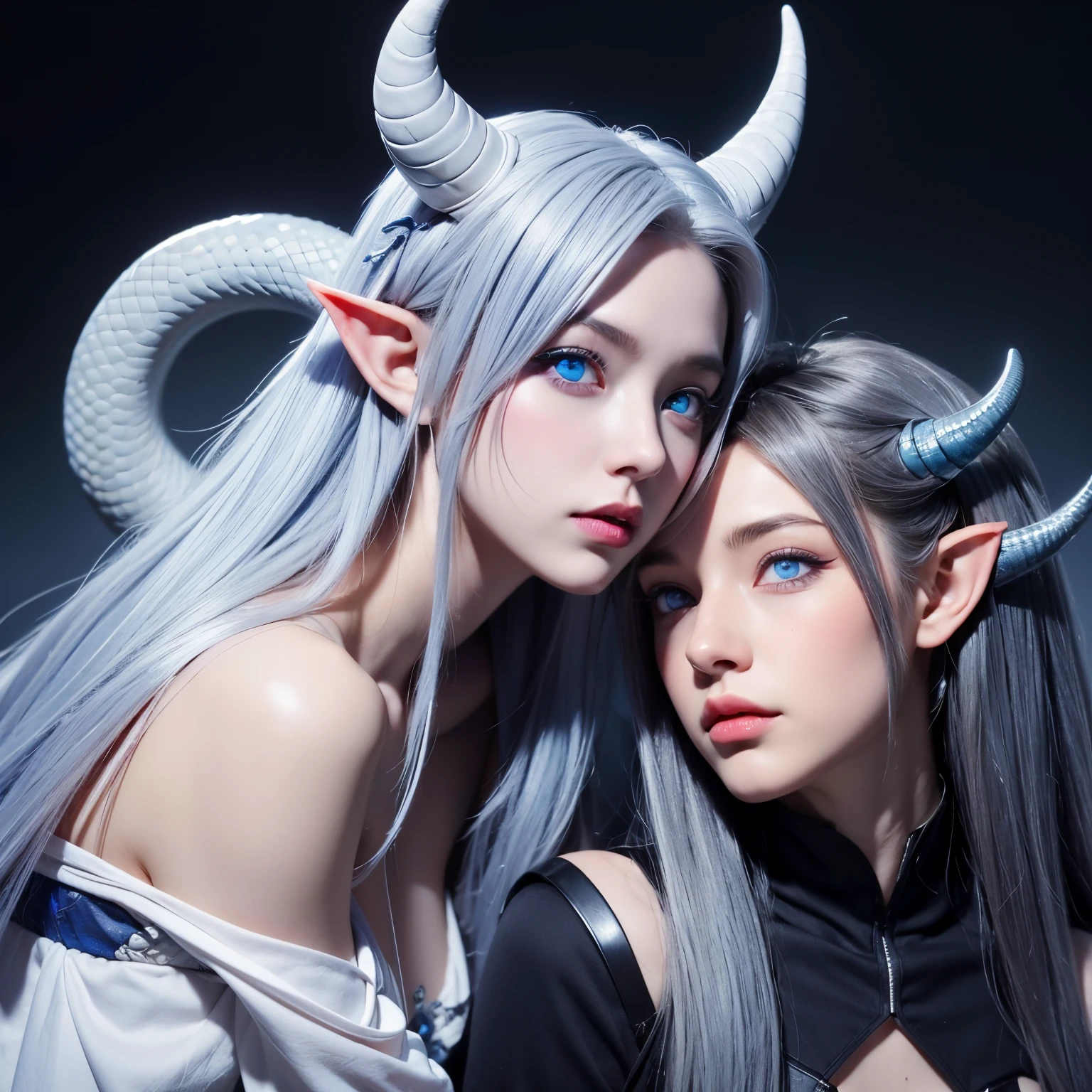 (2girls), (Angels and demons), (twins), (Wings), (Long silver hair and long black hair), (Delicate glowing pretty face and delicate dark pretty face), (Detailed eyes:1.2)(The aperture on the top of the head of the girl on the left and the horn on the top of the head of the girl on the right), (White holy wings and black demon wings), Hug together, (enormously detailed:1.3),Side face to side face, Light smile, baroque, Abstractionism, Ray tracing, reflective light, blend, stereograms, reference sheet, move chart, projected inset, symetry, Cowboy shot, Caustics, Wide-angle, The ultra -The high-definition, 巨作, ccurate, Textured skin, Super detail, High details, High quality, A high resolution, 8K,ultra-definition