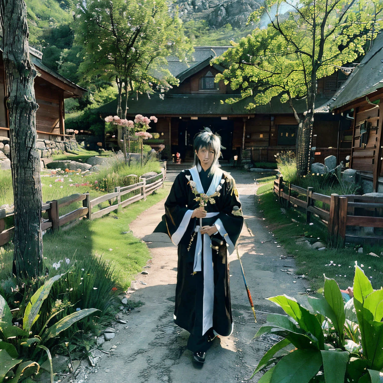A Taoist priest wearing a Taoist robe,Carrying a magic weapon,Slowly walking down the mountain path。Surrounded by lush trees and blooming wildflowers,In the distance are rolling mountains,There were a few white clouds floating in the sky。The Taoist priest had a faint smile on his face,The eyes are firm and deep