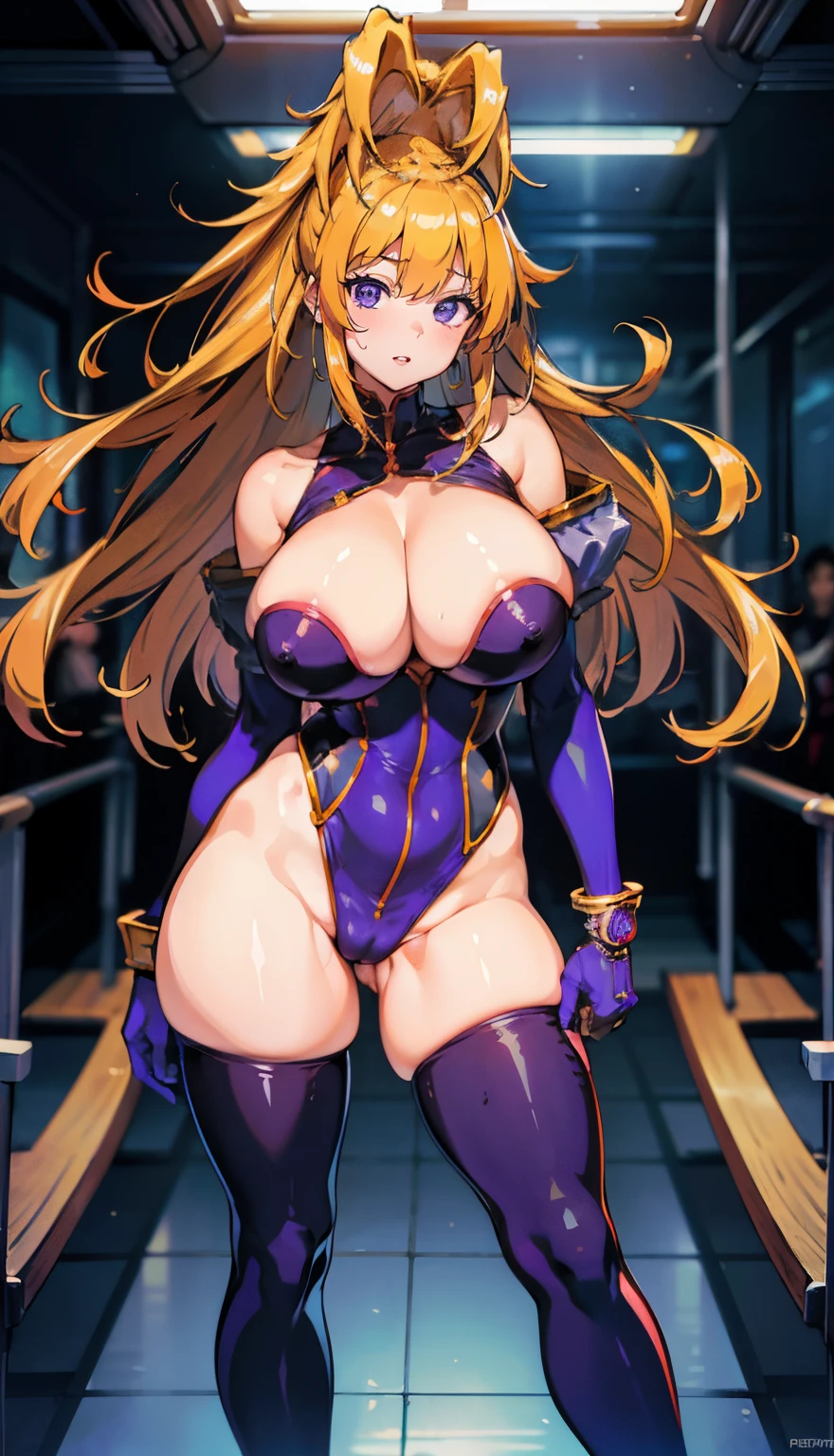 (tmasterpiece:1.2, Best quality at best), actual, (Real pictures, Complicated details, depth of fields), tmasterpiece, Best quality at best, tmasterpiece, Best quality, Tachibana Mizuki, Purple jumpsuit, LOP, Purple gloves, Eternal, high-heels, looking at viewert, ssmile, , Stand on a crowded train, attractive body, thicc, White skin of the, , Crazy expansion, Larger than shoulder blade, big chest and thin waist, Hourglass figure, Pelvis larger than shoulder blades, Fitness model, Ruddy cheeks, breath through, sweaty, Shy and nervous expression