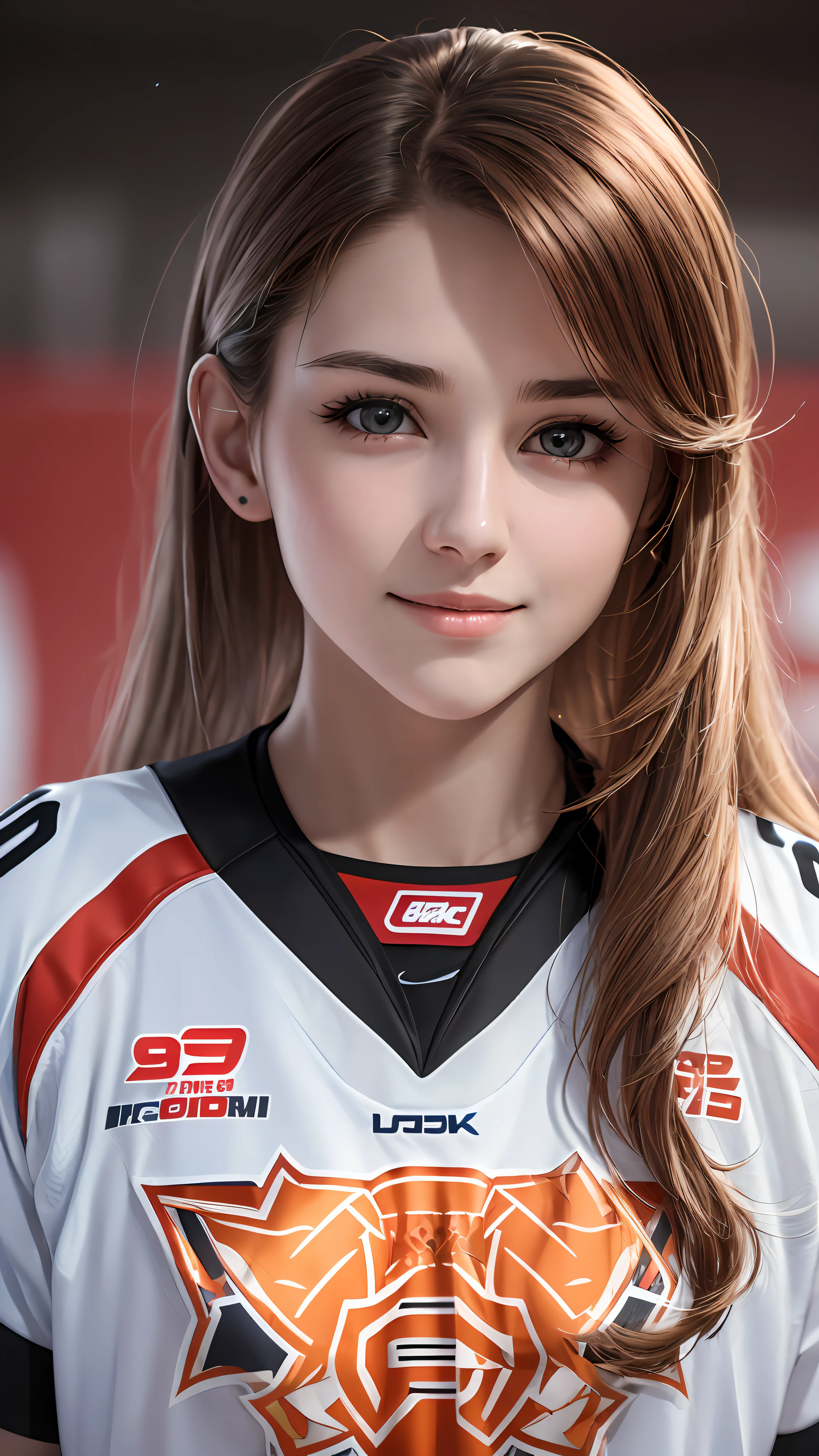 (8K), (Best Quality: 1.2), (Realistic), (Photorealistic: 1.35), ((Dignified Expression))), Ultra High Definition, 1 Girl, Cute, Smile, Closed Mouth, Beautiful Details, Beautiful Nose, Female Ice Hockey Player, Sexy, Powerful and Attractive, Beautiful Expression, Big,