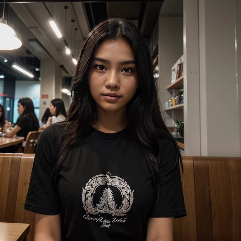 A photo of a 20-year-old Indonesian girl, unfiltered, showcasing her beauty with extra-black, wavy long hair. The detailed face portrait at 1.2 accentuates intricate facial features and detailed, bright skin. She wears a black T-shirt, sitting in a cafe environment with a cool and humid atmosphere, illuminated by a reflector. This masterpiece, with perfect proportions, realistic details, and the best quality, was captured using a Canon EOS R5, 50mm lens at F/2.8, nffsw, delivering an 8K resolution. The photo features cinematic lighting, dramatic illumination, sharp focus, and a complex mode, presenting a full-body composition.