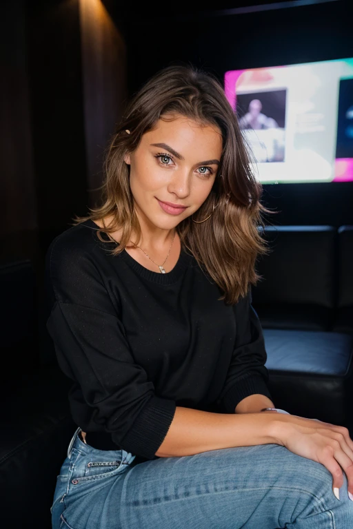 Cute beautiful blonde wearing a black sweater and jeans (sitting inside a modern club at night), muito detalhado, 21 anos, rosto inocente, cabelo de onda natural, olhos azuis, high-res, obra-prima, melhor qualidade, detalhes intrincados, altamente detalhado, foco nítido, pele detalhada, textura de pele realista, textura, olhos detalhados, profissional, 4k, sorriso charmer, tiro em Canon, 85mm, profundidade de campo rasa, Kodak Color Vision, corpo de ajuste perfeito, extremamente detalhado, photo_\(ultra\), fotorrealista, realista, Post-processing, maximum detail, rugosidade, vida real, ultra realista, fotorrealismo, fotografia, 8k uhd, fotografia
(grain of film)
medium shot for close up shot
happy smile
atmospheric dark lighting