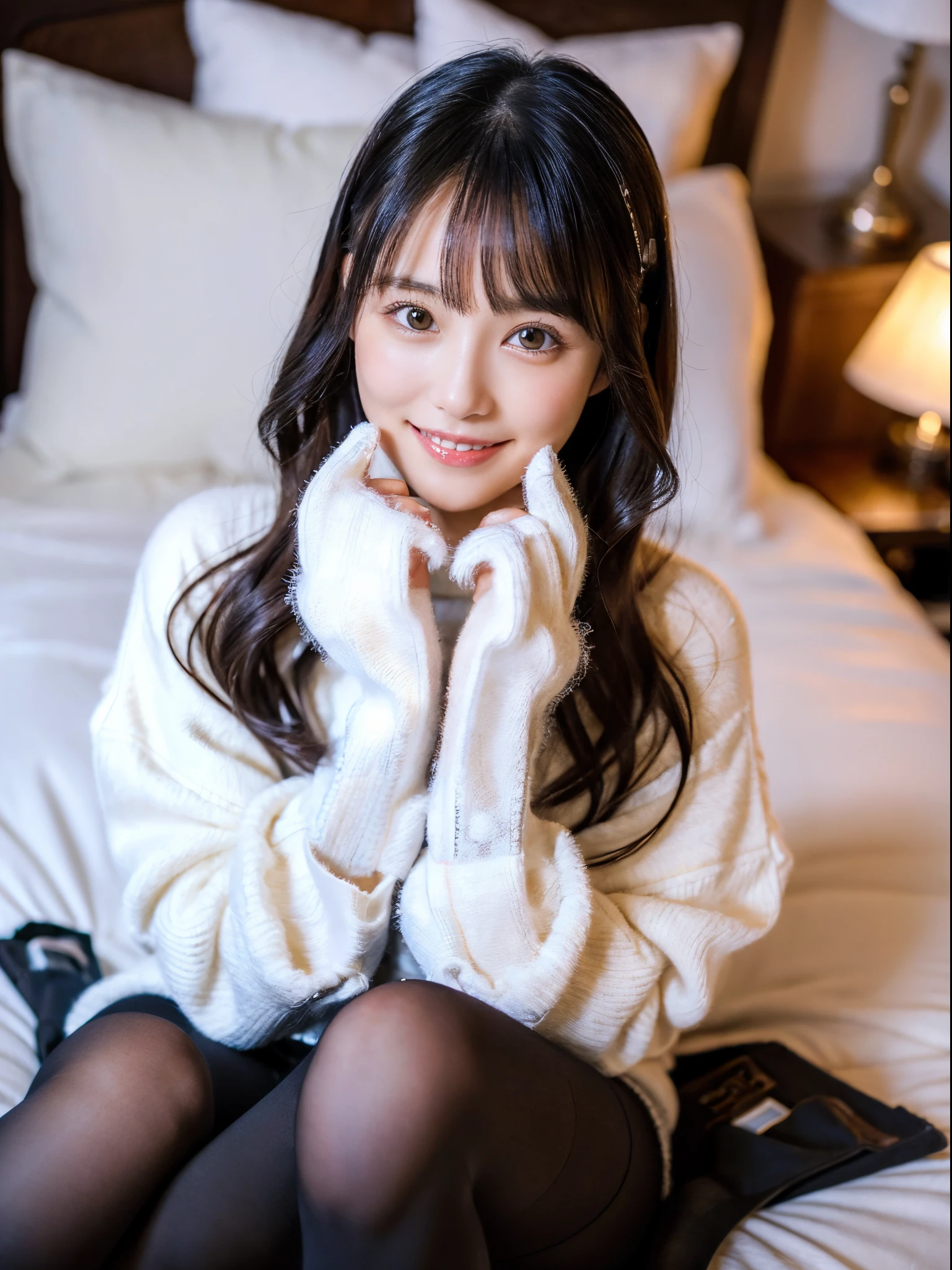 ulzzang -6500-v1.1, (Raw photo:1.2), (Photorealsitic), a beautiful detailed girl, (Real: 1.4), extremely detailed eye and face, beatiful detailed eyes, ((midwinter sweater、muffler、gloves、Super realistic black tights、sit on the bed in your room、Sitting))、game_nffsw, huge filesize, hight resolution, ighly detailed, top-quality, [​masterpiece:1.6], illustratio, ighly detailed, nffsw, finely detail, top-quality, 8k wallpaper, Cinematographic lighting, 1girl in, , perfect body type, cute droopy eyes beautiful big eyes、Pieckfinger, ((masutepiece)), Best Quality, 1girl in, eye shadow,  Portrait, ((FULL BODYSHOT:1.4))、(Very affectionate smile:1.2)、realistic skin textures、shinny skin、