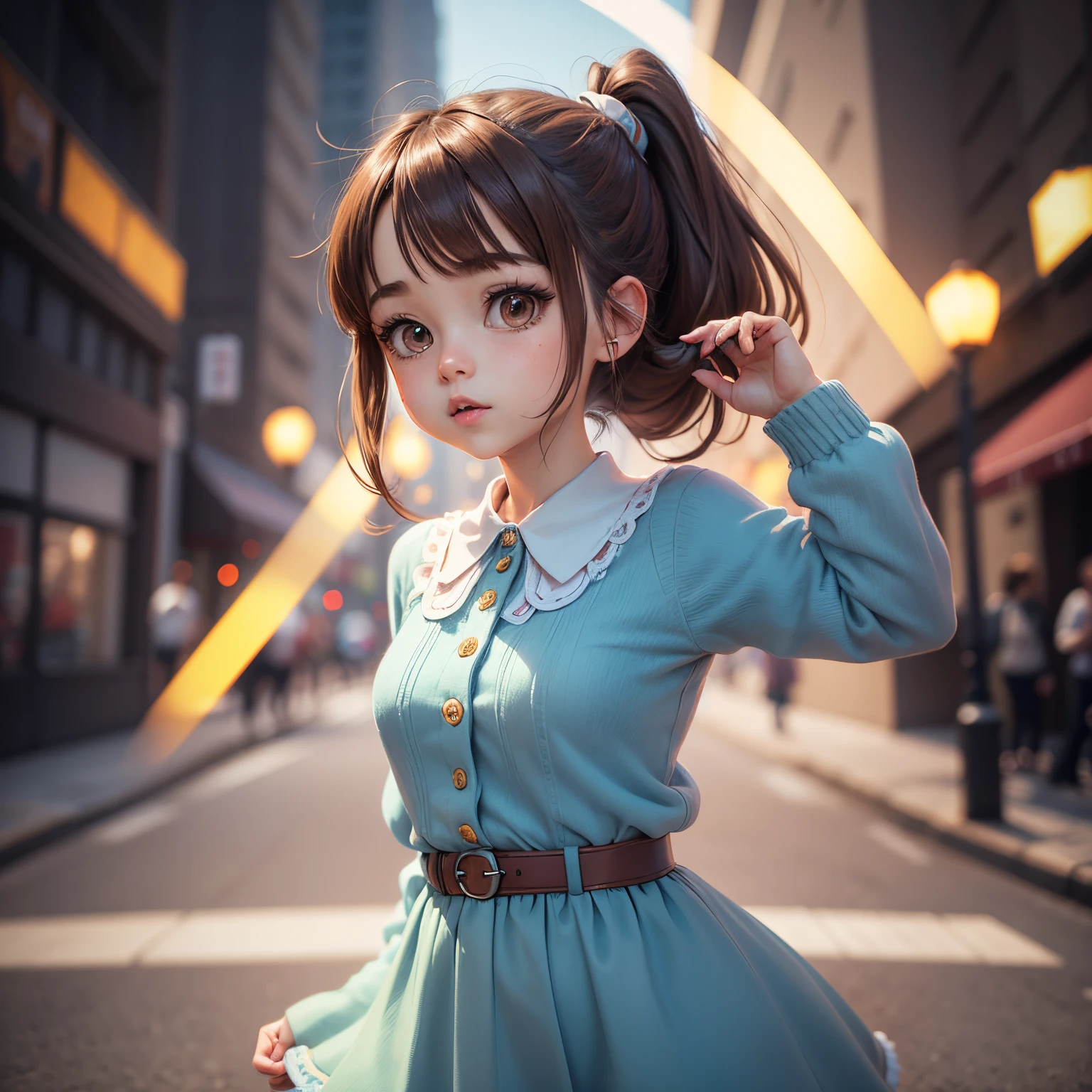 cute 3d render, cute detailed digital art, women mini cute girl, Cute Digital Painting, 3D rendering stylized, Cute digital art, cute rendered 3d anime,Magical Mako-chan looking up, Cute! C4D, Portrait Anime Girl,She is wearing a blue long-sleeved blouse with four buttons and a white jumper skirt。.., Wrap a red ribbon around your brown hair ponytail,