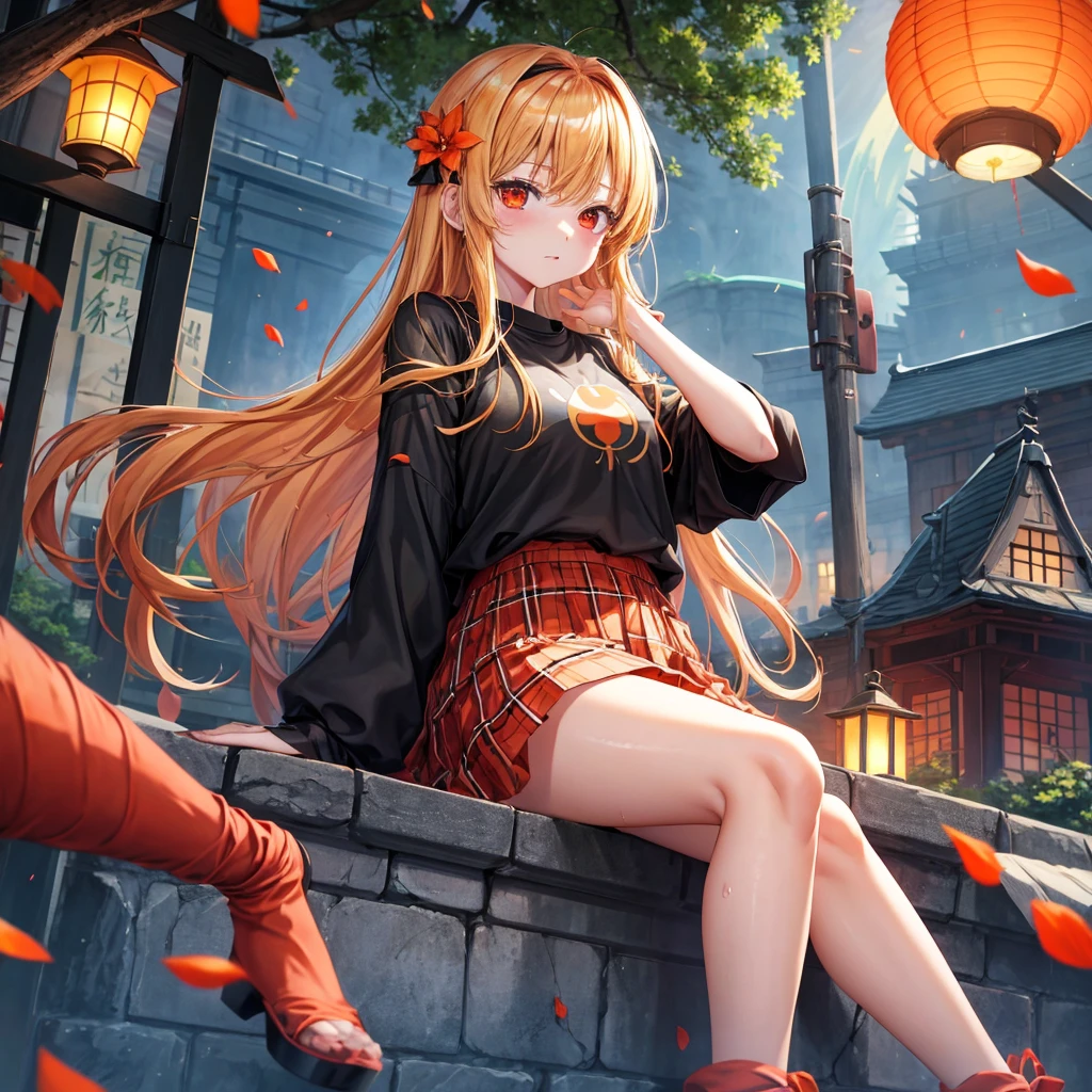 orange blonde、red eyes、one good looking girl、独奏、animesque、lightly dressed、Plaid miniskirt、flower petals、wetting hair、sitting on、Black T-shirt、large tree、云、fullmoon、railroad crossing、monster castle、lantern、Gates of Hell、Sateen