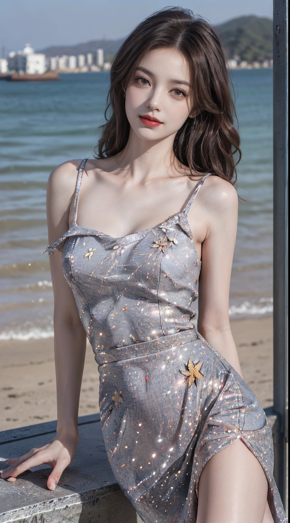 dress,fashi-girl. red lips, mature female, makeup, ((Random shooting angles)), (best quality, masterpiece:1.2), ultra-detailed, (realistic:1.37), beautiful, youthful, glamorous model with (detailed eyes, detailed lips, extremely detailed eyes), with white and floral colors, showcasing a radiant smile, slender figure, long legs, creating a breathtaking depiction of a girl enjoying the sunshine, Outdoor sports, the beach, on the pier, Warm tones, extremely high color saturation, official art, extremely detailed CG unified 8k wallpaper,(High dynamic range :1.4), (cinematic),(soft colors, dull colors, soothing tones :1.3), (natural skin texture, ultra-realistic, soft light, sharp),(very detailed), Evening, autumn, autumn maple leaves, professional lighting, leaning against the guardrail, looking into the distance