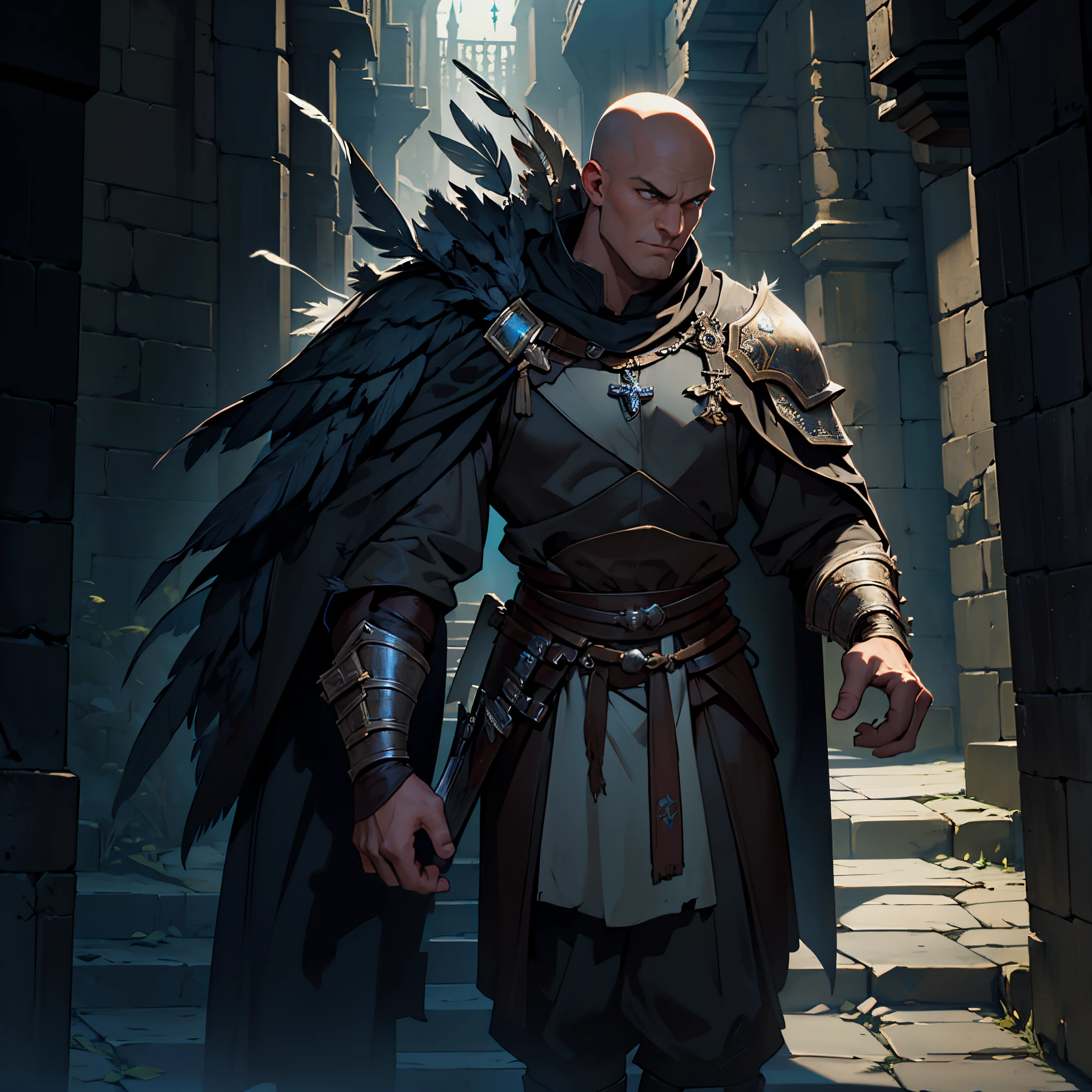 masterpiece, Best Quality, detailed, Cinematics, 4k, Background with: dark night medieval dungeon stairs, A masterpiece of a man dressed as an assassin made of feathers, Best Quality, detailed, Cinematics, 4k, Background with: dark night medieval dungeon stairs, Bald boy warrior wearing medieval warrior costume made of feathers
