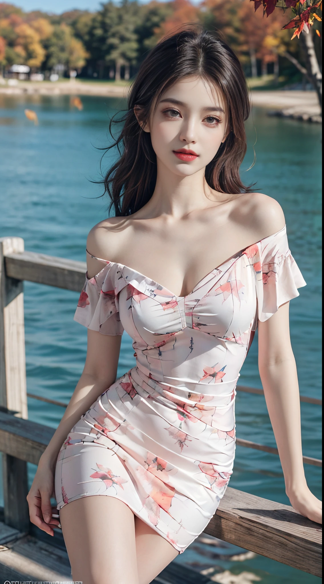 print dress, off shoulder,  fashi-girl. red lips, mature female, makeup, ((Random shooting angles)), (best quality, masterpiece:1.2), ultra-detailed, (realistic:1.37), beautiful, youthful, glamorous model with (detailed eyes, detailed lips, extremely detailed eyes), with white and floral colors, showcasing a radiant smile, slender figure, long legs, creating a breathtaking depiction of a girl enjoying the sunshine, Outdoor sports, the beach, on the pier, Warm tones, extremely high color saturation, official art, extremely detailed CG unified 8k wallpaper,(High dynamic range :1.4), (cinematic),(soft colors, dull colors, soothing tones :1.3), (natural skin texture, ultra-realistic, soft light, sharp),(very detailed), Evening, autumn, autumn maple leaves, professional lighting, leaning against the guardrail, looking into the distance