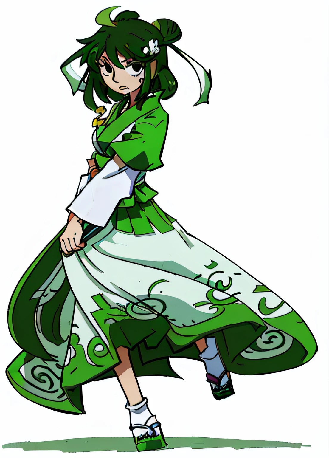 a cartoon drawing of a woman in a green and white dress, lady palutena, tatsumaki, toph bei fong, palutena, official art, inspired by Maki Haku, inspired by Sakai Hōitsu, touhou character, official character art, full body xianxia, dressed in a green robe, character adoptable