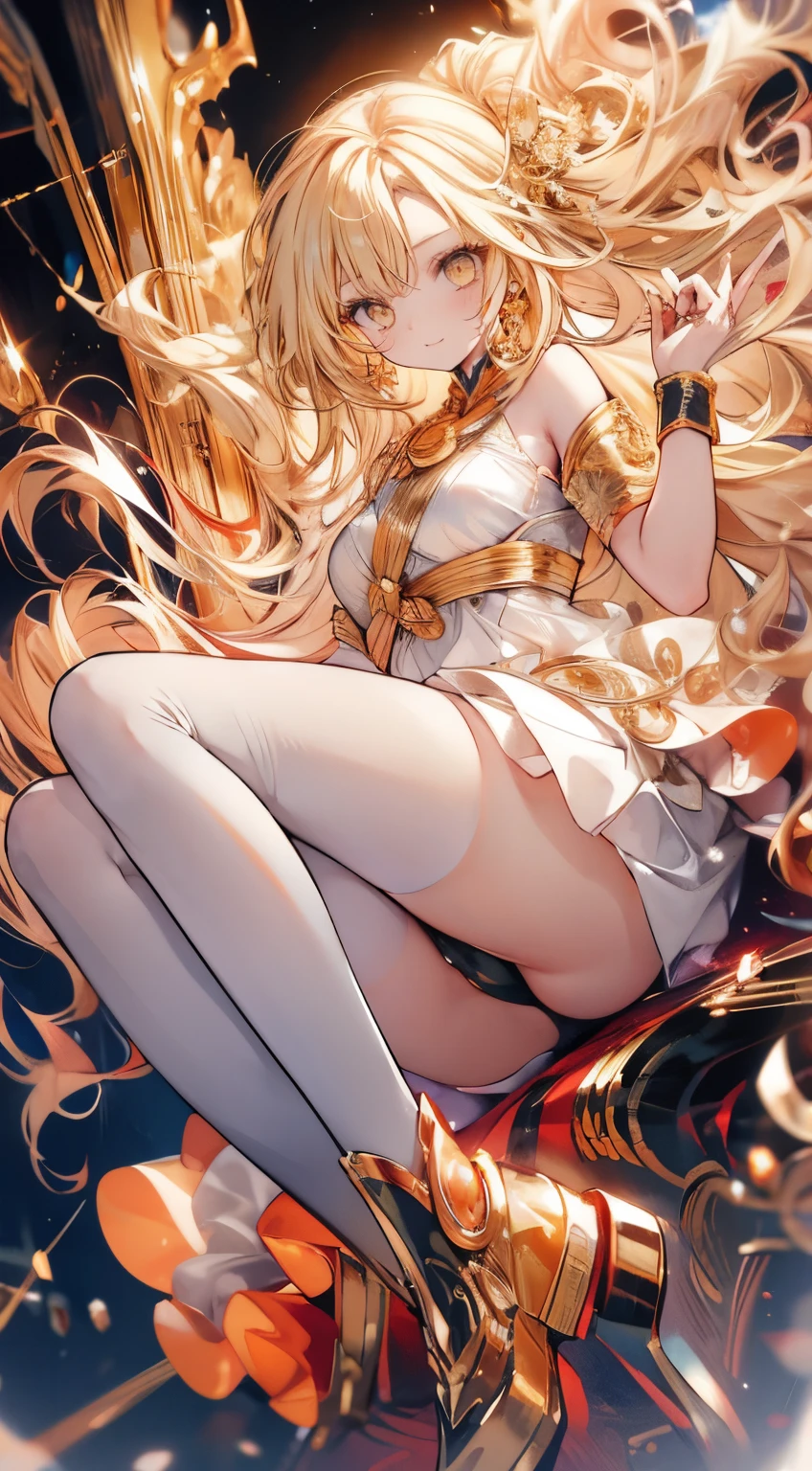 Girl, flowing golden blonde hair, yellow eyes, golden imperial outfit, neckline, anime, the background  a clear sky with twinkling lights, dynamic angle, arrogant laughter, full body