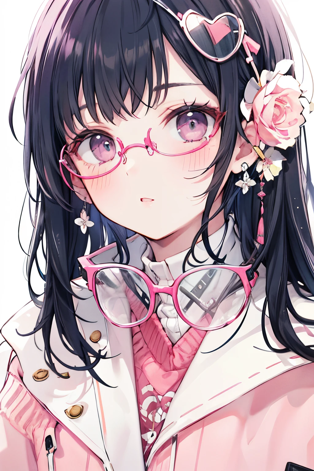 Pink and black hair, pretty, details, glasses on face