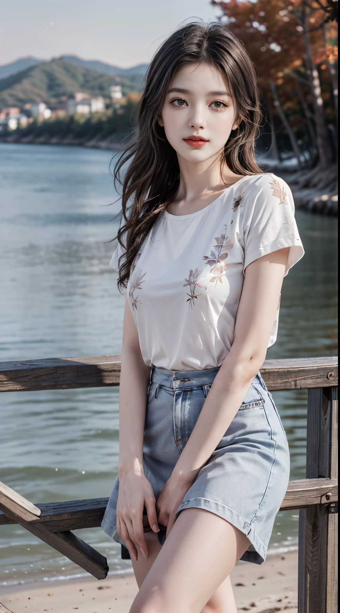 blue skirt, shirt,  fashi-girl. red lips, mature female, makeup, ((Random shooting angles)), (best quality, masterpiece:1.2), ultra-detailed, (realistic:1.37), beautiful, youthful, glamorous model with (detailed eyes, detailed lips, extremely detailed eyes), with white and floral colors, showcasing a radiant smile, slender figure, long legs, creating a breathtaking depiction of a girl enjoying the sunshine, Outdoor sports, the beach, on the pier, Warm tones, extremely high color saturation, official art, extremely detailed CG unified 8k wallpaper,(High dynamic range :1.4), (cinematic),(soft colors, dull colors, soothing tones :1.3), (natural skin texture, ultra-realistic, soft light, sharp),(very detailed), Evening, autumn, autumn maple leaves, professional lighting, leaning against the guardrail, looking into the distance