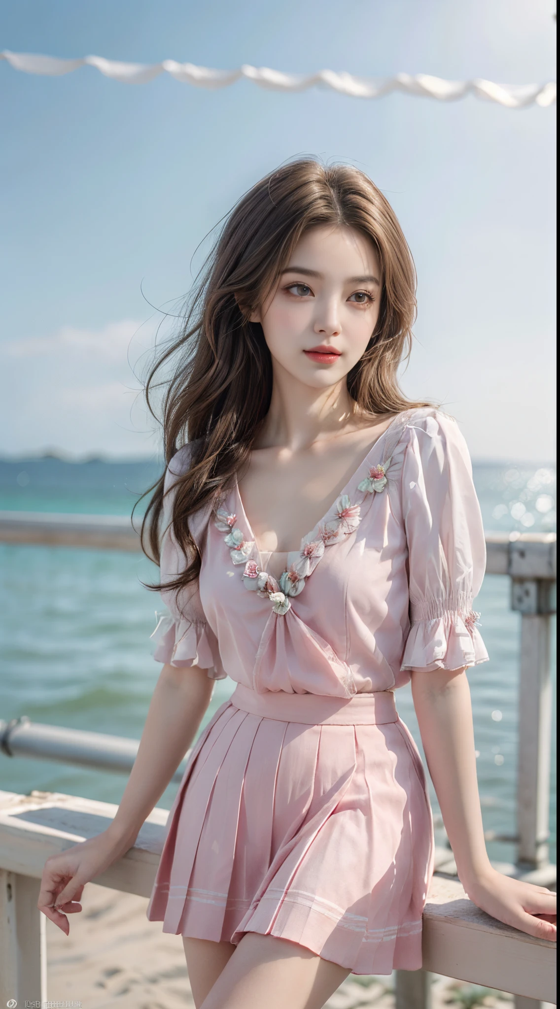 pleated skirt,pink skirt,pink sailor collar,, fashi-girl. red lips, mature female, makeup, ((Random shooting angles)), (best quality, masterpiece:1.2), ultra-detailed, (realistic:1.37), beautiful, youthful, glamorous model with (detailed eyes, detailed lips, extremely detailed eyes), with white and floral colors, showcasing a radiant smile, slender figure, long legs, creating a breathtaking depiction of a girl enjoying the sunshine, Outdoor sports, the beach, on the pier, Warm tones, extremely high color saturation, official art, extremely detailed CG unified 8k wallpaper,(High dynamic range :1.4), (cinematic),(soft colors, dull colors, soothing tones :1.3), (natural skin texture, ultra-realistic, soft light, sharp),(very detailed), Evening, autumn, autumn maple leaves, professional lighting, leaning against the guardrail, looking into the distance