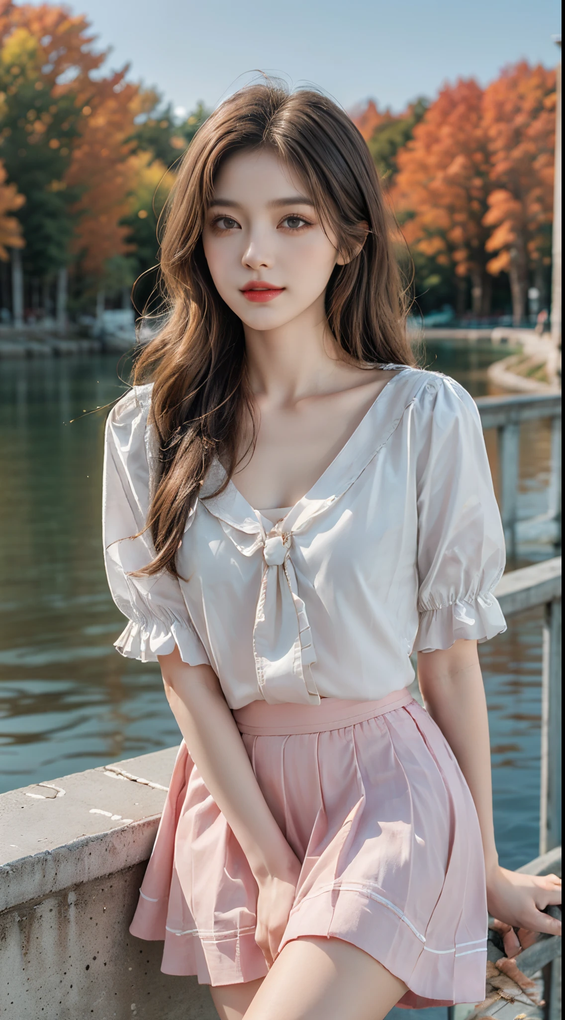 pleated skirt,pink skirt,pink sailor collar,,  fashi-girl. red lips, mature female, makeup, ((Random shooting angles)), (best quality, masterpiece:1.2), ultra-detailed, (realistic:1.37), beautiful, youthful, glamorous model with (detailed eyes, detailed lips, extremely detailed eyes), with white and floral colors, showcasing a radiant smile, slender figure, long legs, creating a breathtaking depiction of a girl enjoying the sunshine, Outdoor sports, the beach, on the pier, Warm tones, extremely high color saturation, official art, extremely detailed CG unified 8k wallpaper,(High dynamic range :1.4), (cinematic),(soft colors, dull colors, soothing tones :1.3), (natural skin texture, ultra-realistic, soft light, sharp),(very detailed), Evening, autumn, autumn maple leaves, professional lighting, leaning against the guardrail, looking into the distance