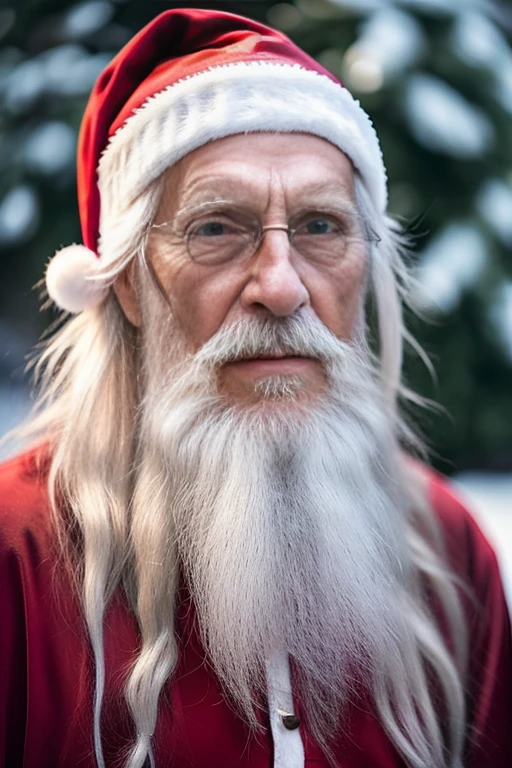 An elder with a long beard and white hair, with a serene face wrinkles, looking producing, body older weak, skinny bones hairy, body naked, his shirt was open to reveal his stomach wrinkles older hairy weak and chest, arms legs neck hands feet skinny old and weak, Santa Claus hat, gloves, open coat boots, red white briefs, shy and blushed, Lying in the snow,snow lily,Closed eyes,master-piece,4K images,beste-Qualit