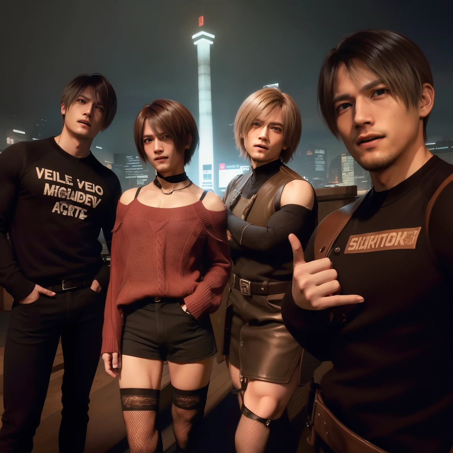 Leon kennedy with thin beard, man, perfect face, short bang hair, wearing black sweater, smile, happy expression