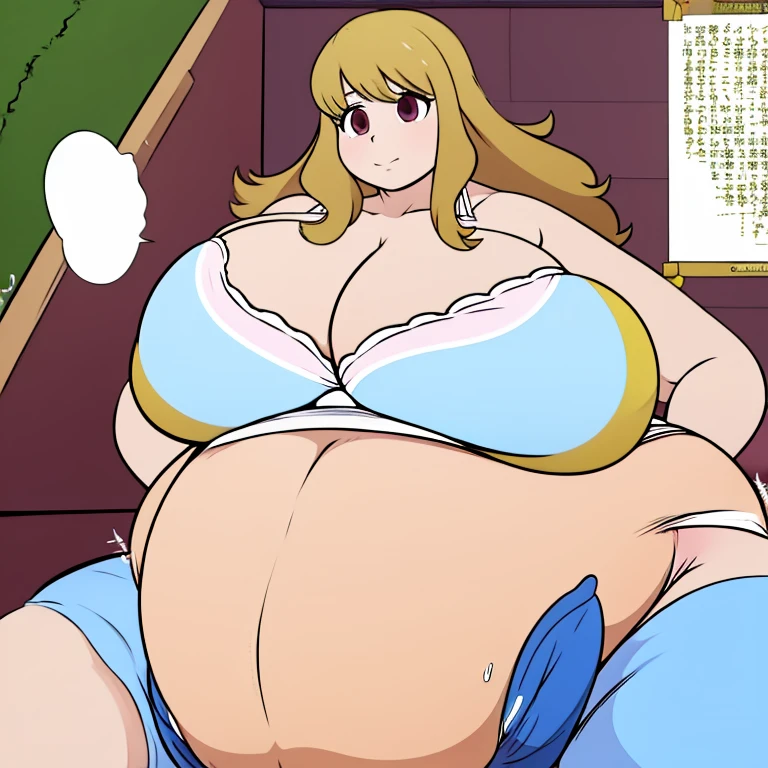 Anime woman Enormous bloated expanding diaper mess, huge bloated pregnant belly, huge overflowing breast, white bra