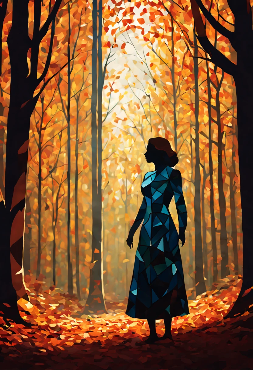 (minimalism:1.4), a woman made of stained glass standing in an autumn forest, shadow flat vector art, (best quality, masterpiece, Representative work, official art, Professional, unity 8k wallpaper:1.3)