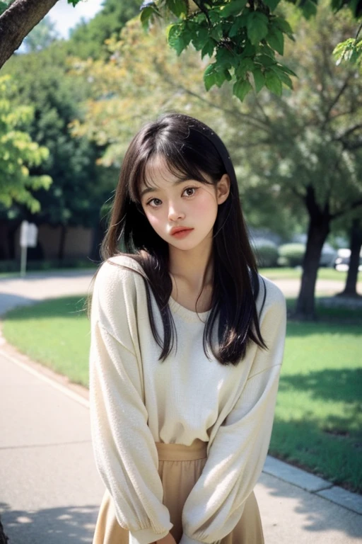There was a young girl standing in front of a tree, four years old, high-quality photo, Delicate facial features,childhood friend, , grainy film still, coloured photo, Photo 35mm, 1970s movie photos