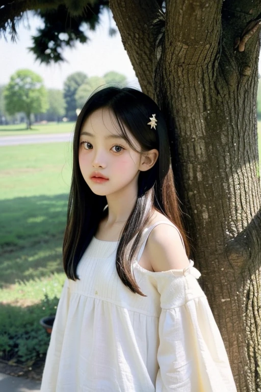 There was a young girl standing in front of a tree, four years old, high-quality photo, Delicate facial features，childhood friend, , grainy film still, coloured photo, Photo 35mm, 1970s movie photos