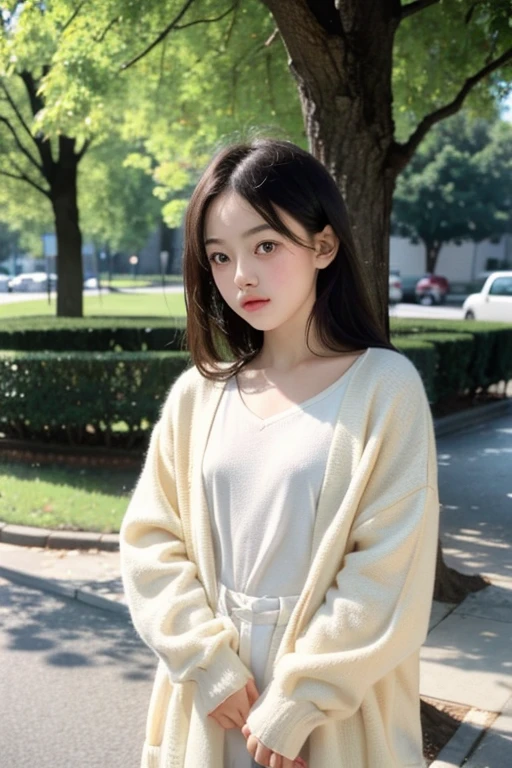 There was a young girl standing in front of a tree, , high-quality photo, Delicate facial features,childhood friend, , grainy film still, coloured photo, Photo 35mm, 1970s movie photos