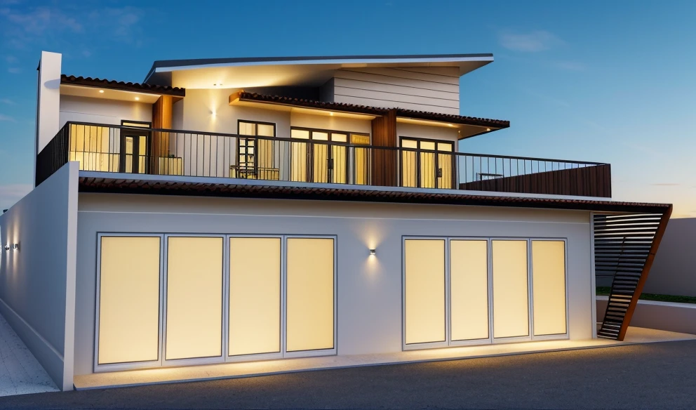 Ultra-realistic 8k, hd image quality, sharp detail, 2-story modern house, main materials: white walls, wooden ceiling accents, large glass windows, roads, cars, sidewalks, American Palm trees high, has a small alley, located in a residential area, modern style, shimmering sky, sunset light, feels peaceful, beautiful, close and warm, ((Warm light from indoor:1.3)), (daylight:1.2), perfect lighting,dynamic light,2 large glass doors,((1 large glass window:1.3)), (night light), (colorful flowers in front of the house)