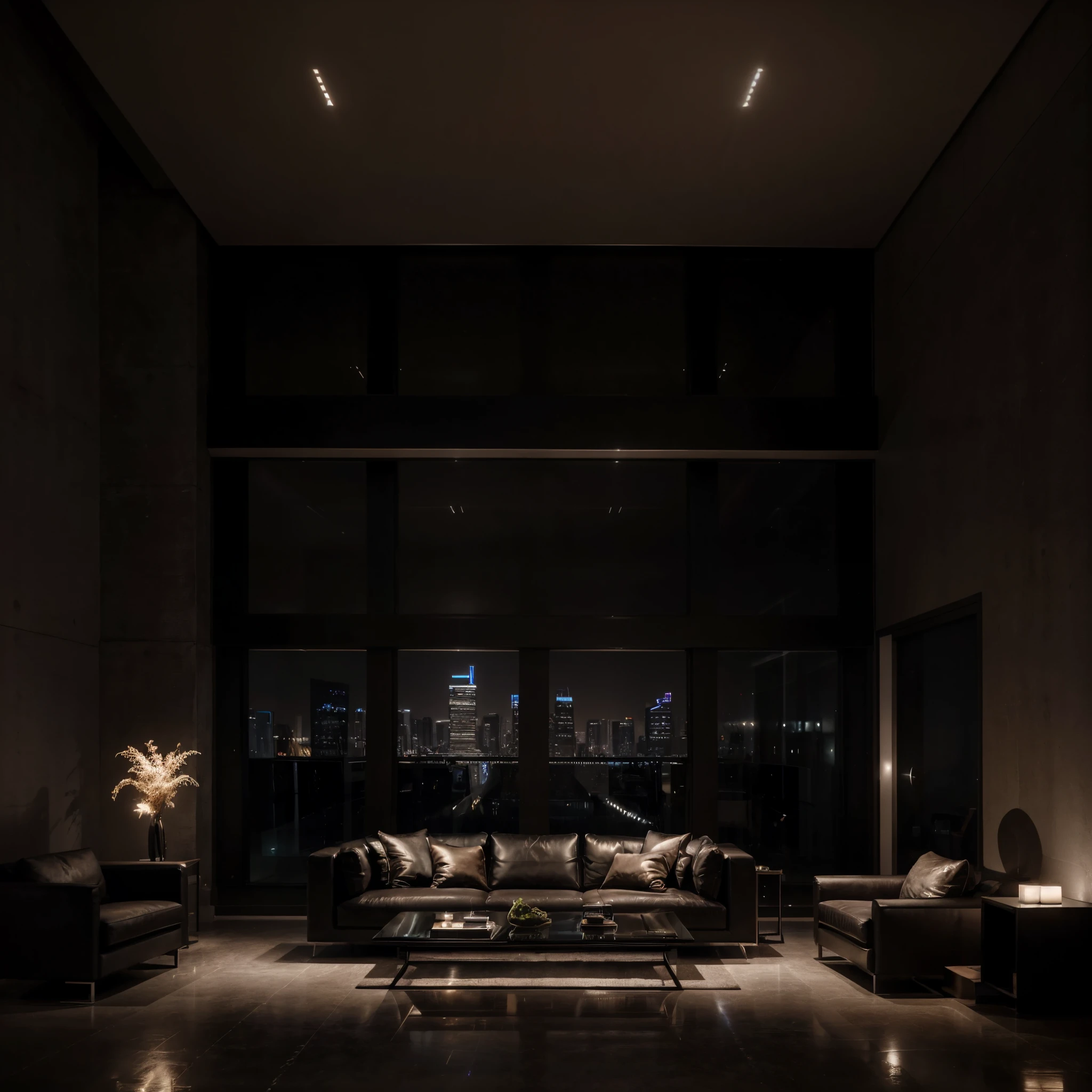 Create an image of a contemporary, high-end apartment interior at night. The room is spacious and styled with minimalistic, modern furniture, including a large, luxurious dark leather sectional sofa and a low-profile coffee table with candles and a simple book. The floor is polished concrete, reflecting the soft, ambient light. Install sleek, linear LED lights running across the ceiling, providing a subtle glow. Large, floor-to-ceiling windows reveal a breathtaking nighttime cityscape with skyscrapers, the city's lights creating a dazzling background. The atmosphere is serene and sophisticated, with a color palette of dark tones and warm lighting accents. The overall feeling is of an exclusive urban retreat that combines comfort with the urban edge.