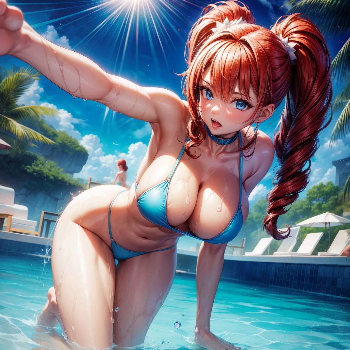 (8K ,hyper-detailing,A masterpiece of hyper-realistic photography,natural,Perfect artwork,Perfect female body),Two cute busty girls),Crystal clear swimming pool,swim ring,Water slides,Cute water doll,Virtual Showcase,Red similar hairstyle,Cute red boy,Cool,larger lines,slovenly,stretch the meat,jam,The kinky exposed ,titmouse,Full body photo