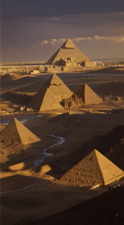 A painting of ancient Egypt showing the pyramids, the Nile river, and the desert. The painting has a mystical and mysterious atmosphere.