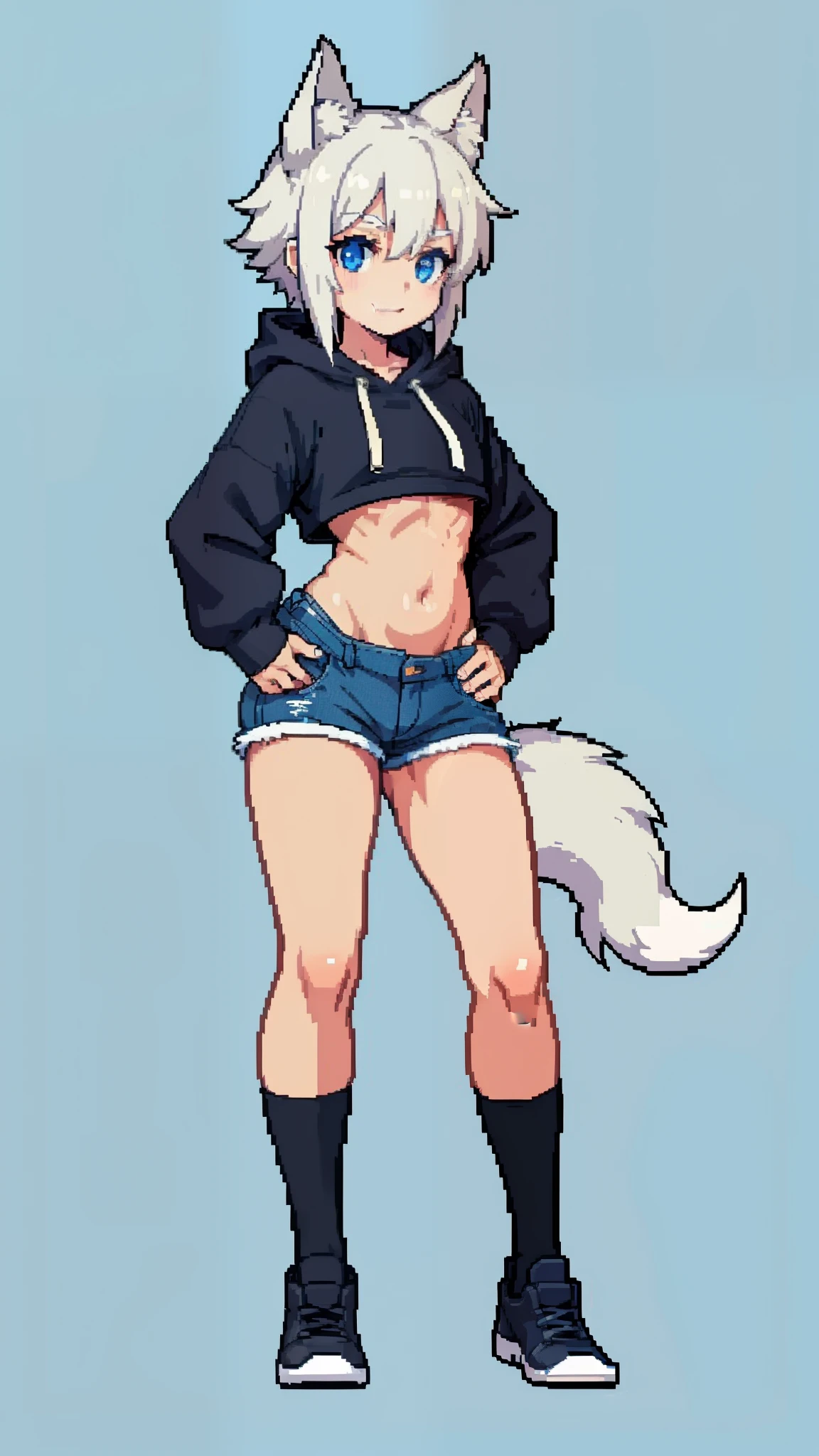 Masterpiece, male with long flowing white hair, has wolf ears, had wolf tail, wearing denim short shorts and a cropped black hoodie, thick thighs, wide hips, wearing thigh high socks, have erected penis, naugty smile, solo, alone, no wolves, showing belly, has glowing blue eyes, flat chest