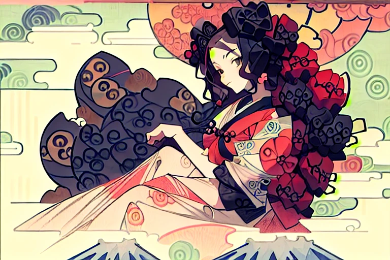 Spring has sprung, and it's all springy now!, lineart, watercolor, ((((by Hokusai and Alphonse Mucha))))
