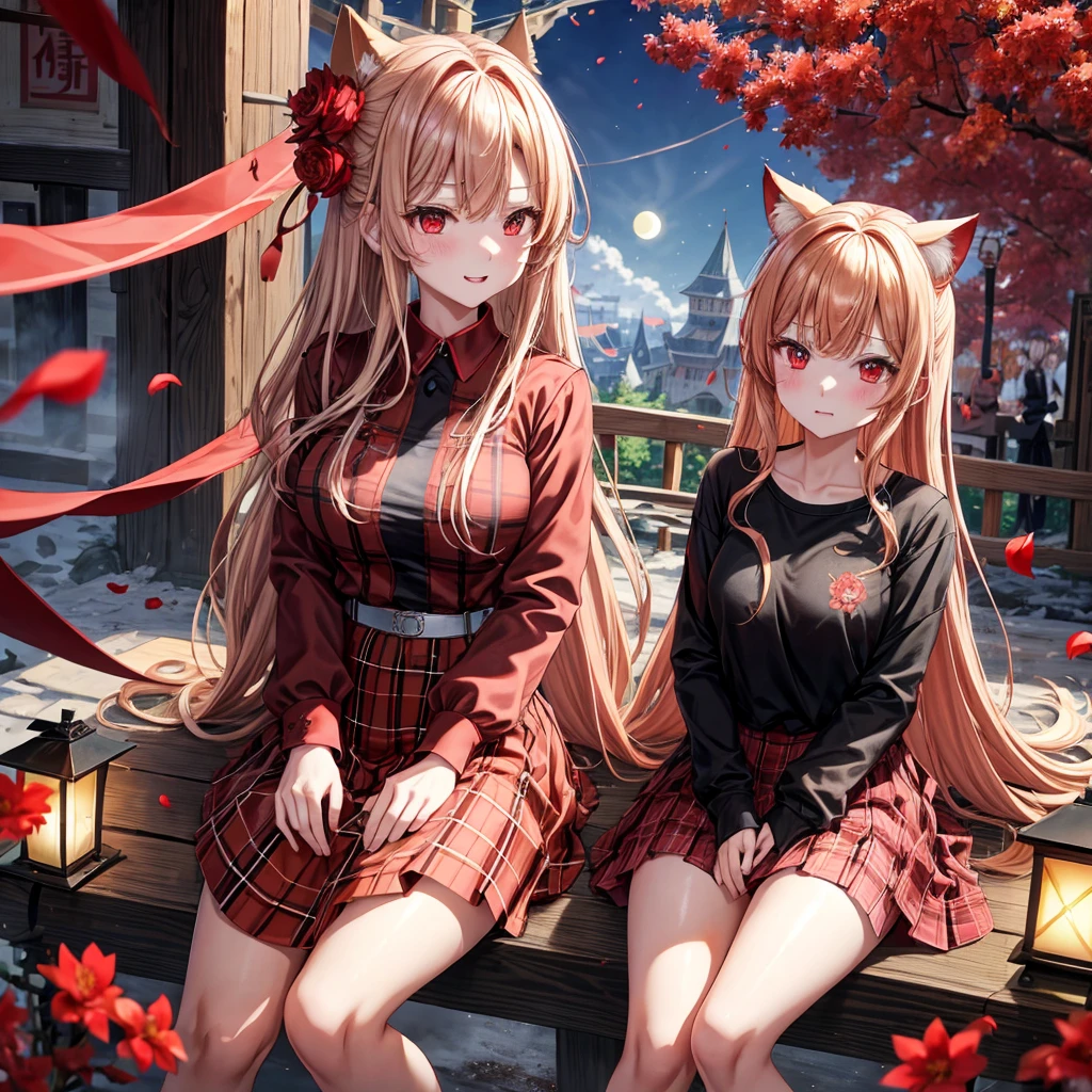 Red-blonde、red eyes、one good looking girl、独奏、animesque、lightly dressed、Plaid miniskirt、flower petals、wetting hair、sitting on、Black T-shirt、large tree、云、fullmoon、railroad crossing、monster castle、lantern、Gates of Hell、craft gatekeeper