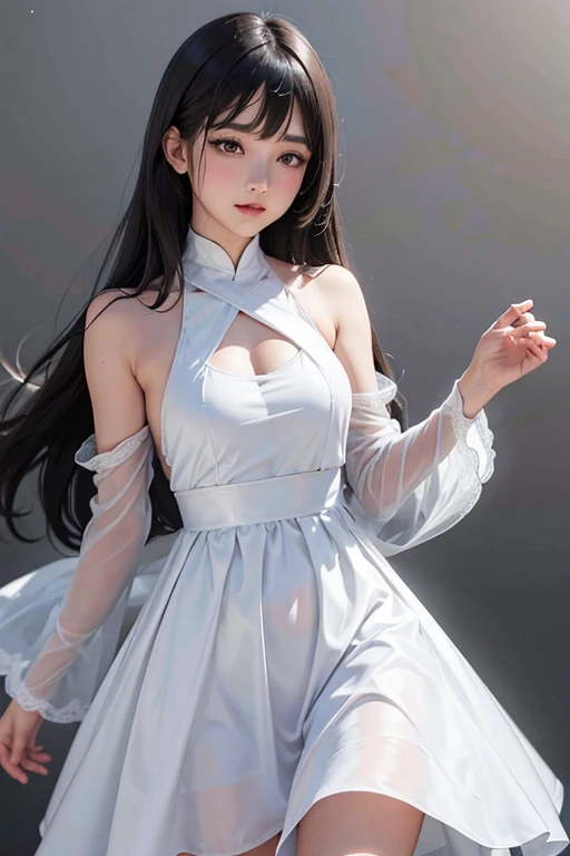 hight resolution、Reflecting the whole body、Semi-long black hair、Young features、18year old、white dress and sleeve body photo、