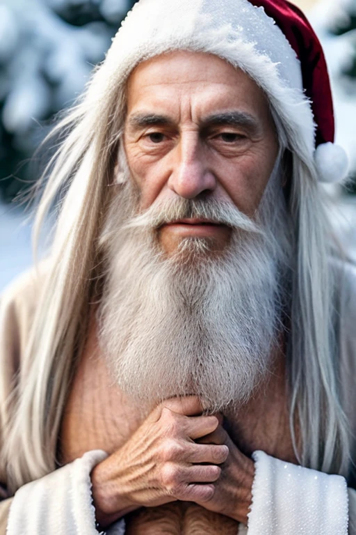 An elder with a long beard and white hair, with a serene face wrinkles, looking producing, body older weak, skinny bones hairy, body naked, his shirt was open to reveal his stomach wrinkles older hairy weak and chest, arms legs neck hands feet skinny old and weak, Santa Claus hat, gloves and open coat,shy and blushed, Lying in the snow,snow lily,Closed eyes,master-piece,4K images,beste-Qualit
