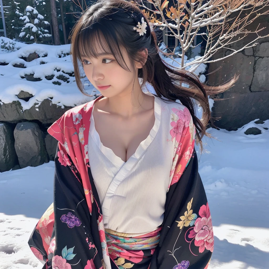 (Kimono)、(top-quality,​masterpiece:1.3,超A high resolution,),(ultra-detailliert,Caustics),(Photorealsitic:1.4,RAW shooting,)Ultra-realistic capture,A highly detailed,high-definition16Kfor human skin、 Natural Skin Texture、、The skin looks healthy with an even tone、 Use natural light and color,One Woman,japanes,,kawaii,A dark-haired,very big hair,(depth of fields、chromatic abberation、、Wide range of lighting、Natural Shading、)、hot onsen、(Falling snow:1.2)、(Hair swaying in the wind:1.2)、(Snow reflects light:1.1)、Cleavage can be seen through the exposed kimono、Buttocks visible through exposed kimono（Colorful loincloth）、Photographed from directly behind while crawling on all fours