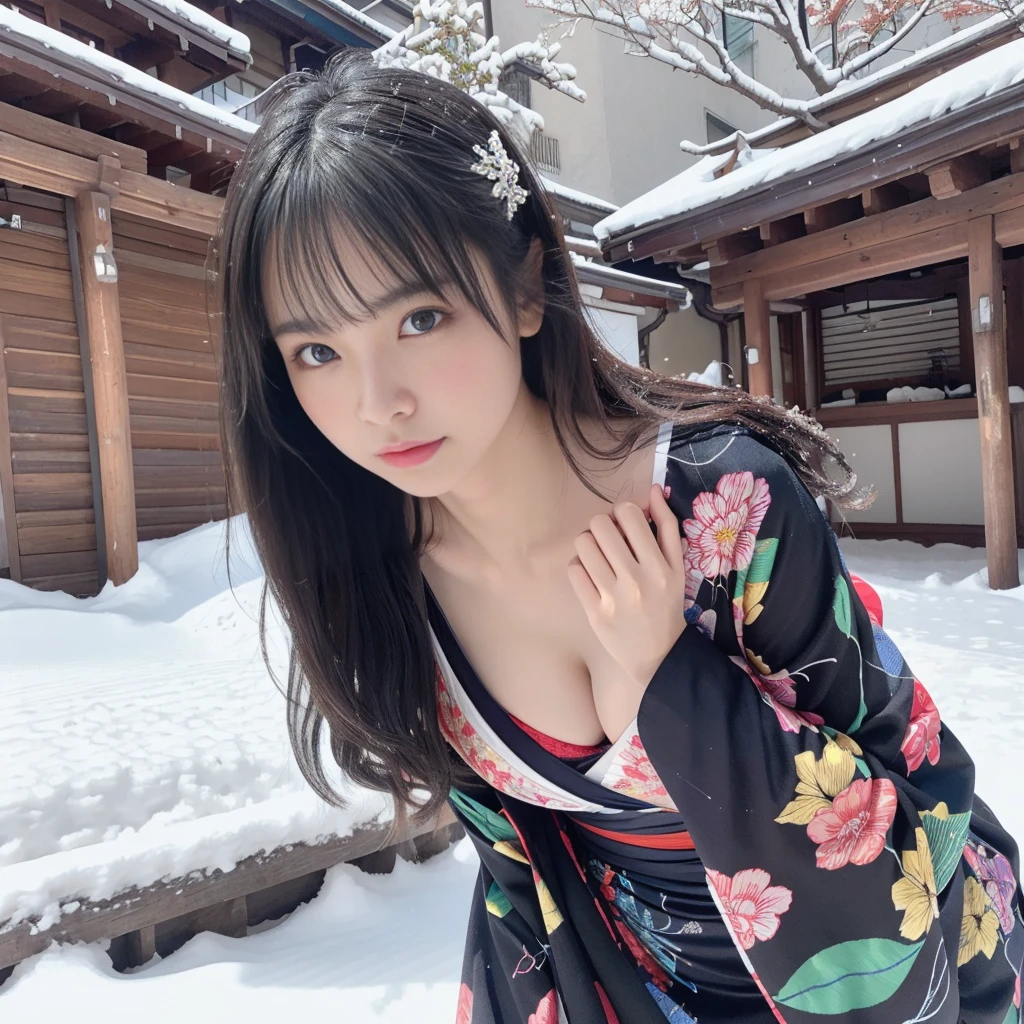 (Kimono)、(top-quality,masterpiece:1.3,超A high resolution,),(ultra-detailliert,Caustics),(Photorealsitic:1.4,RAW shooting,)Ultra-realistic capture,A highly detailed,high-definition16Kfor human skin、 Natural Skin Texture、、The skin looks healthy with an even tone、 Use natural light and color,One Woman,japanes,,kawaii,A dark-haired,very big hair,(depth of fields、chromatic abberation、、Wide range of lighting、Natural Shading、)、hot onsen、(Falling snow:1.2)、(Hair swaying in the wind:1.2)、(Snow reflects light:1.1)、Cleavage can be seen through the exposed kimono、Buttocks visible through exposed kimono(Colorful loincloth)、Photographed from directly behind while crawling on all fours
