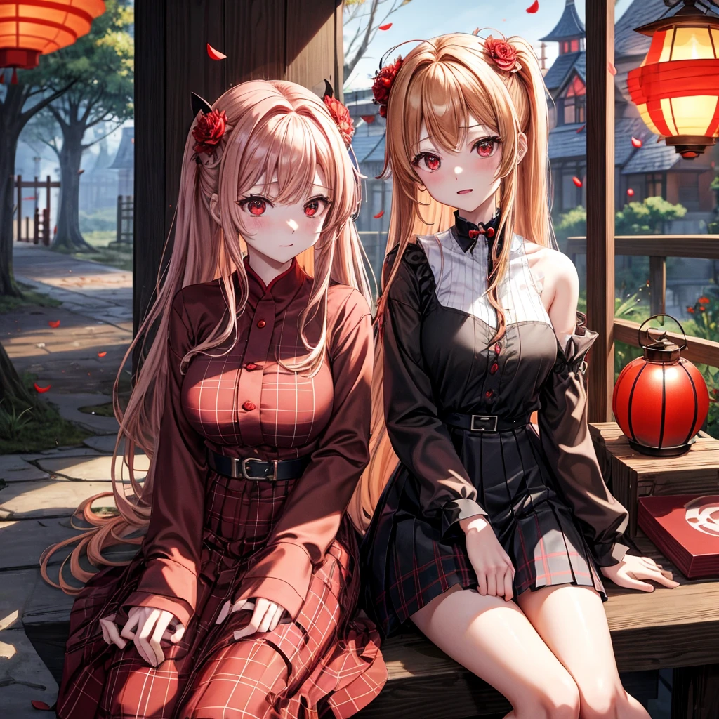 Red-blonde、red eyes、one good looking girl、独奏、animesque、lightly dressed、Plaid miniskirt、flower petals、wetting hair、sitting on、poneyTail、Black T-shirt、large tree、云、fullmoon、railroad crossing、monster castle、lantern、Gates of Hell、craft gatekeeper