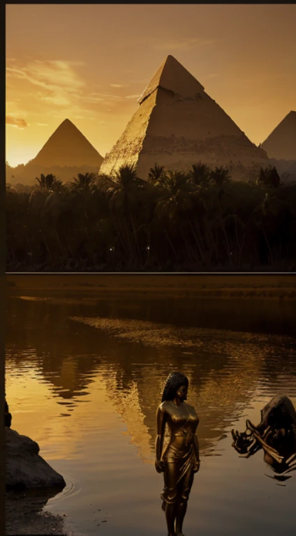 A realistic and detailed painting of ancient Egypt at sunset showing the majestic pyramids, the sparkling Nile river, and the vast desert. The painting has a warm and golden color palette, with shades of orange, yellow, and brown. The painting has a mystical and mysterious atmosphere, with hieroglyphs, symbols, and statues of gods and goddesses. The painting shows the contrast between the life and death, the civilization and the wilderness, the order and the chaos of ancient Egypt
