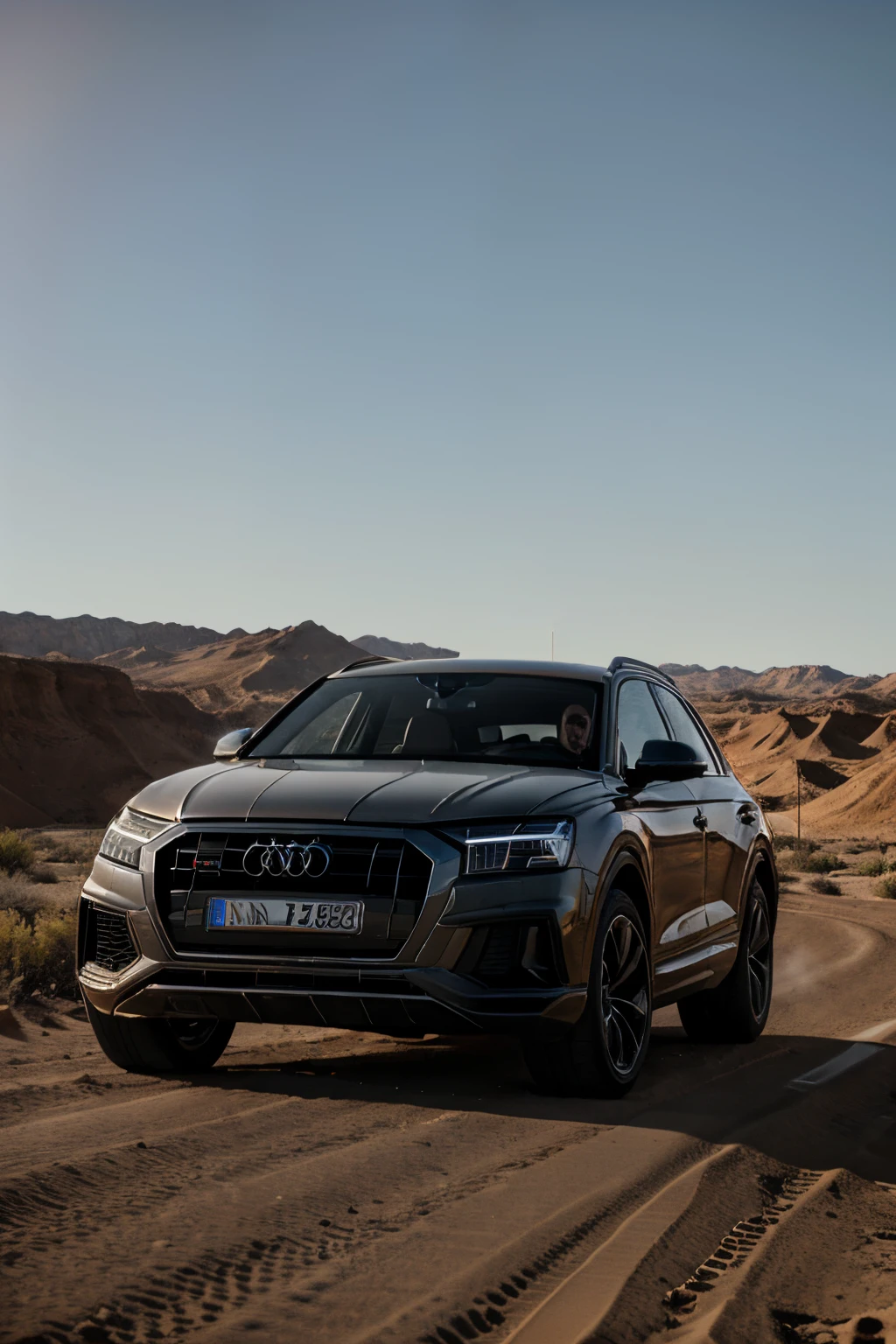 audi q8 running through the desert, photorealistic, high detail, long shot, ultra wide shot