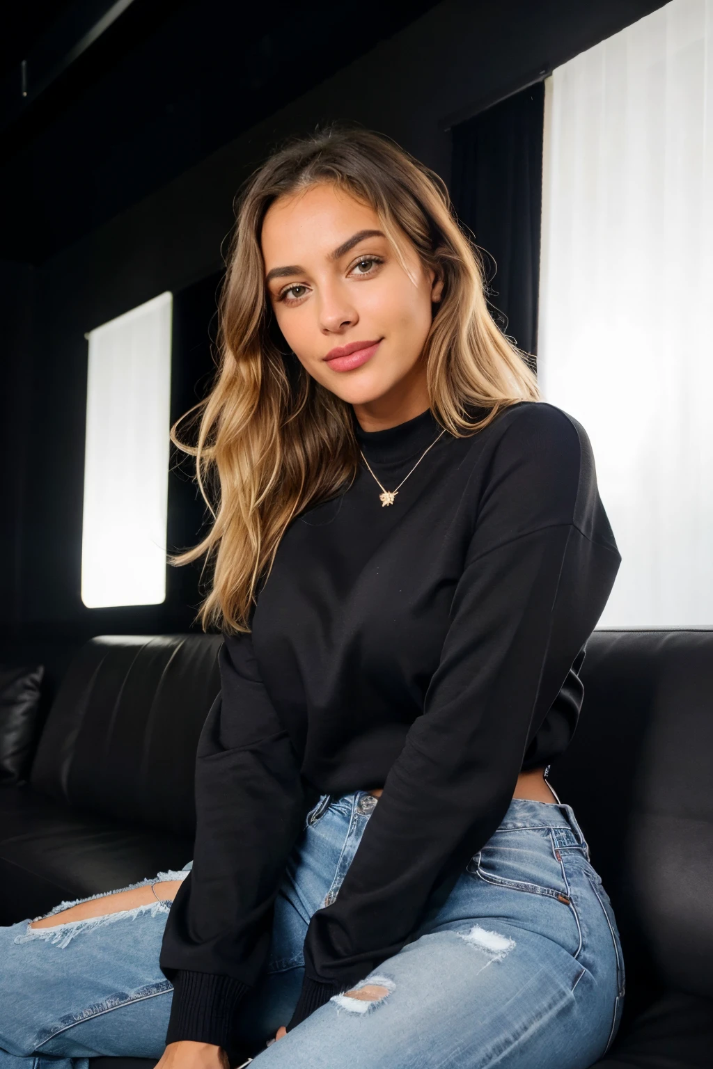 Cute beautiful blonde wearing a black sweater and jeans (sitting inside a modern club at night), muito detalhado, 21 anos, rosto inocente, cabelo de onda natural, olhos azuis, high-res, obra-prima, melhor qualidade, detalhes intrincados, altamente detalhado, foco nítido, pele detalhada, textura de pele realista, textura, olhos detalhados, profissional, 4k, sorriso charmer, tiro em Canon, 85mm, profundidade de campo rasa,  Kodak Color Vision, corpo de ajuste perfeito, extremamente detalhado, photo_\(ultra\), fotorrealista, realista, Post-processing, maximum detail, rugosidade, vida real, ultra realista, fotorrealismo, fotografia, 8k uhd, fotografia
(grain of film)
medium shot for close up shot
happy smile
atmospheric dark lighting