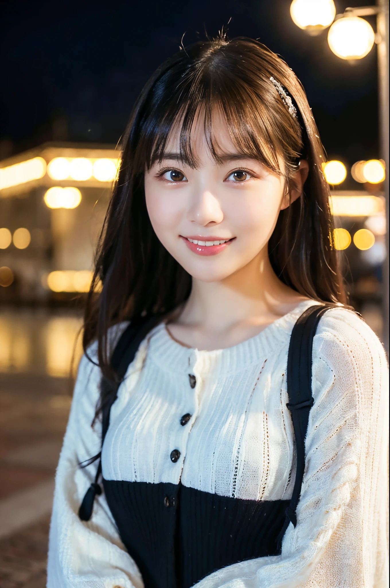 ulzzang -6500-v1.1, (Raw photo:1.2), (Photorealsitic), a beautiful detailed girl, (Real: 1.4), extremely detailed eye and face, ((eyed winter sweater、Super realistic black tights))、((Illumination plaza at night)), selfee, instagram、game_nffsw, huge filesize, hight resolution, ighly detailed, top-quality, [​masterpiece:1.6], illustratio, ighly detailed, nffsw, finely detail, top-quality, 8k wallpaper, Cinematographic lighting, 1girl in, 17 age, perfect body type, cute droopy eyes beautiful big eyes、Pieckfinger, ((masutepiece)), Best Quality, 1girl in, eye shadow,  Portrait, ((FULL BODYSHOT:1.4))、(Very affectionate smile:1.2)、realistic skin textures、shinny skin、