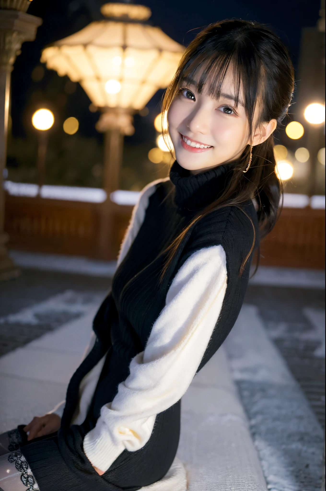 ulzzang -6500-v1.1, (Raw photo:1.2), (Photorealsitic), a beautiful detailed girl, (Real: 1.4), extremely detailed eye and face, ((eyed winter sweater、Super realistic black tights))、((Illumination plaza at night)), selfee, instagram、game_nffsw, huge filesize, hight resolution, ighly detailed, top-quality, [​masterpiece:1.6], illustratio, ighly detailed, nffsw, finely detail, top-quality, 8k wallpaper, Cinematographic lighting, 1girl in, , perfect body type, cute droopy eyes beautiful big eyes、Pieckfinger, ((masutepiece)), Best Quality, 1girl in, eye shadow,  Portrait, ((FULL BODYSHOT:1.4))、(Very affectionate smile:1.2)、realistic skin textures、shinny skin、