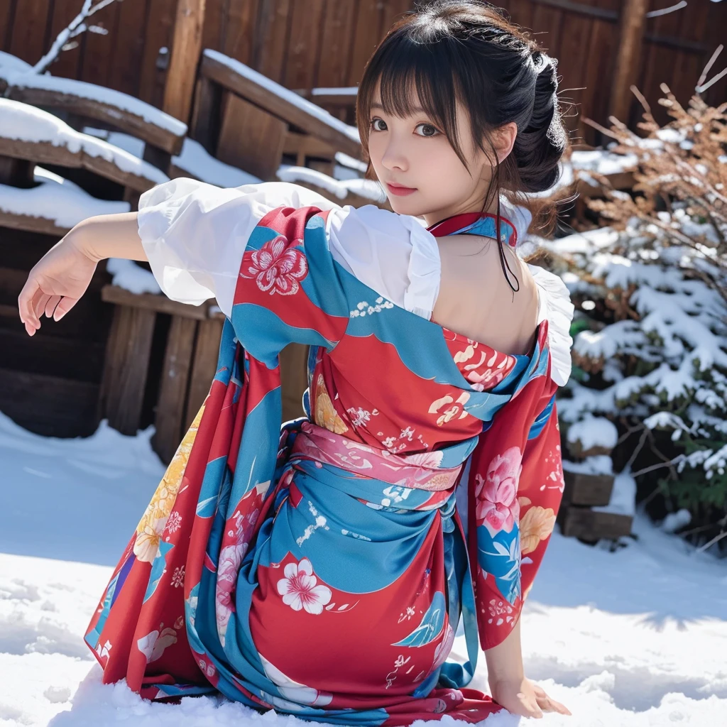 (Kimono)、(top-quality,masterpiece:1.3,超A high resolution),(ultra-detailliert,Caustics),(Photorealsitic:1.4,RAW shooting,)Ultra-realistic capture,A highly detailed,high-definition16Kfor human skin、 Natural Skin Texture、、The skin looks healthy with an even tone、 Use natural light and color,One Woman,japanes,kawaii,A dark-haired,very big hair,(depth of fields、chromatic abberation、、Wide range of lighting、Natural Shading、)、hot onsen、(Falling snow:1.2)、(Hair swaying in the wind:1.2)、(Snow reflects light:1.1)、Cleavage can be seen through the exposed kimono、Buttocks visible through exposed kimono(Colorful loincloth)、Photographed from directly behind while crawling on all fours