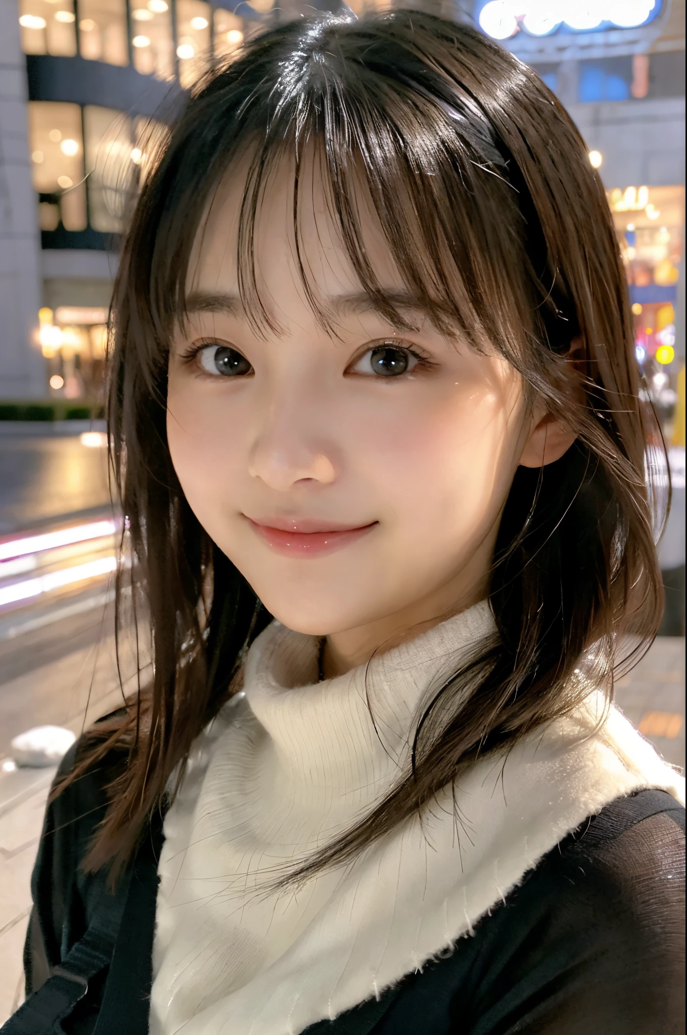 ulzzang -6500-v1.1, (Raw photo:1.2), (Photorealsitic), a beautiful detailed girl, (Real: 1.4), extremely detailed eye and face, ((eyed winter sweater、Super realistic black tights))、((Illumination plaza at night)), selfee, instagram、game_nffsw, huge filesize, hight resolution, ighly detailed, top-quality, [​masterpiece:1.6], illustratio, ighly detailed, nffsw, finely detail, top-quality, 8k wallpaper, Cinematographic lighting, 1girl in, 17 age, perfect body type, cute droopy eyes beautiful big eyes、Pieckfinger, ((masutepiece)), Best Quality, 1girl in, eye shadow,  Portrait, ((FULL BODYSHOT:1.4))、(Very affectionate smile:1.2)、realistic skin textures、shinny skin、