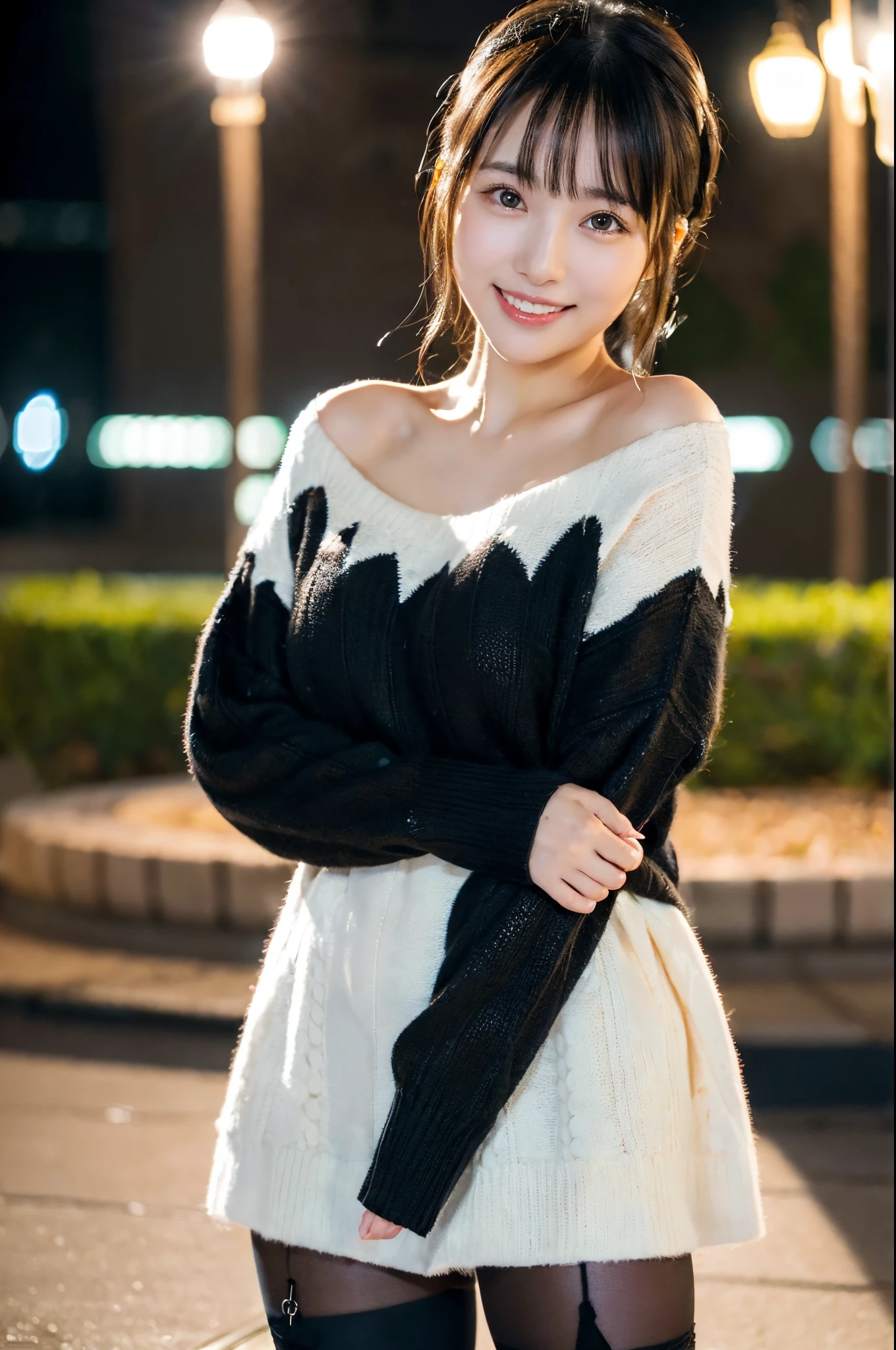 ulzzang -6500-v1.1, (Raw photo:1.2), (Photorealsitic), a beautiful detailed girl, (Real: 1.4), extremely detailed eye and face, ((eye winter sweater、Super realistic black tights))、((Illumination plaza at night:1.2)), selfee, Instagram、game_nffsw, huge filesize, hight resolution, ighly detailed, top-quality, [​masterpiece:1.6], illustratio, ighly detailed, nffsw, finely detail, top-quality, 8k wallpaper, Cinematographic lighting, 1girl in, 17 age, perfect body type, cute droopy eyes beautiful big eyes、Pieckfinger, ((masutepiece)), Best Quality, 1girl in, eye shadow,  Portrait, ((FULL BODYSHOT:1.4))、(Very affectionate smile:1.2)、realistic skin textures、shinny skin、Exposed thighs!!!