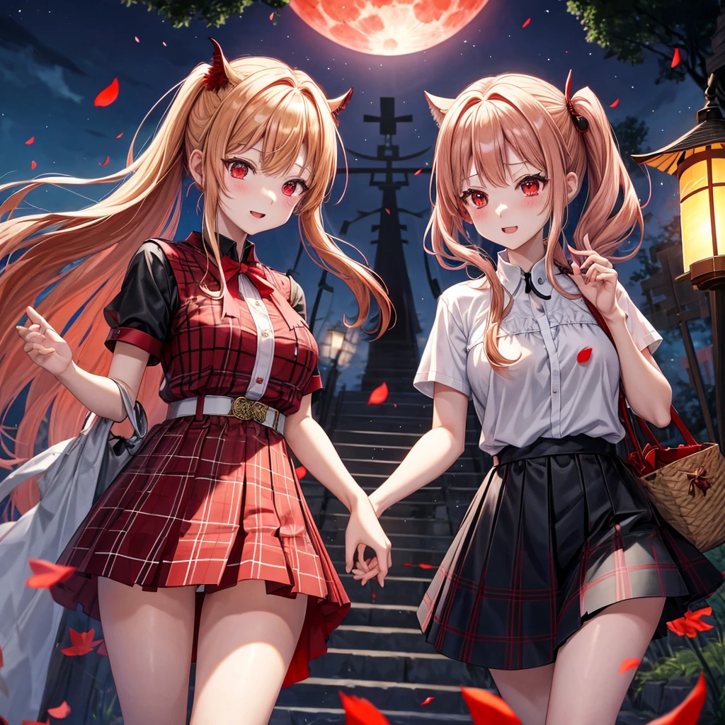 Red-blonde、red eyes、one good looking girl、独奏、animesque、lightly dressed、Plaid miniskirt、burning blue petals、wetting hair、poneyTail、Black T-shirt、large tree、云、fullmoon、railroad crossing、monster castle、lantern、Gates of Hell、Gatekeeper