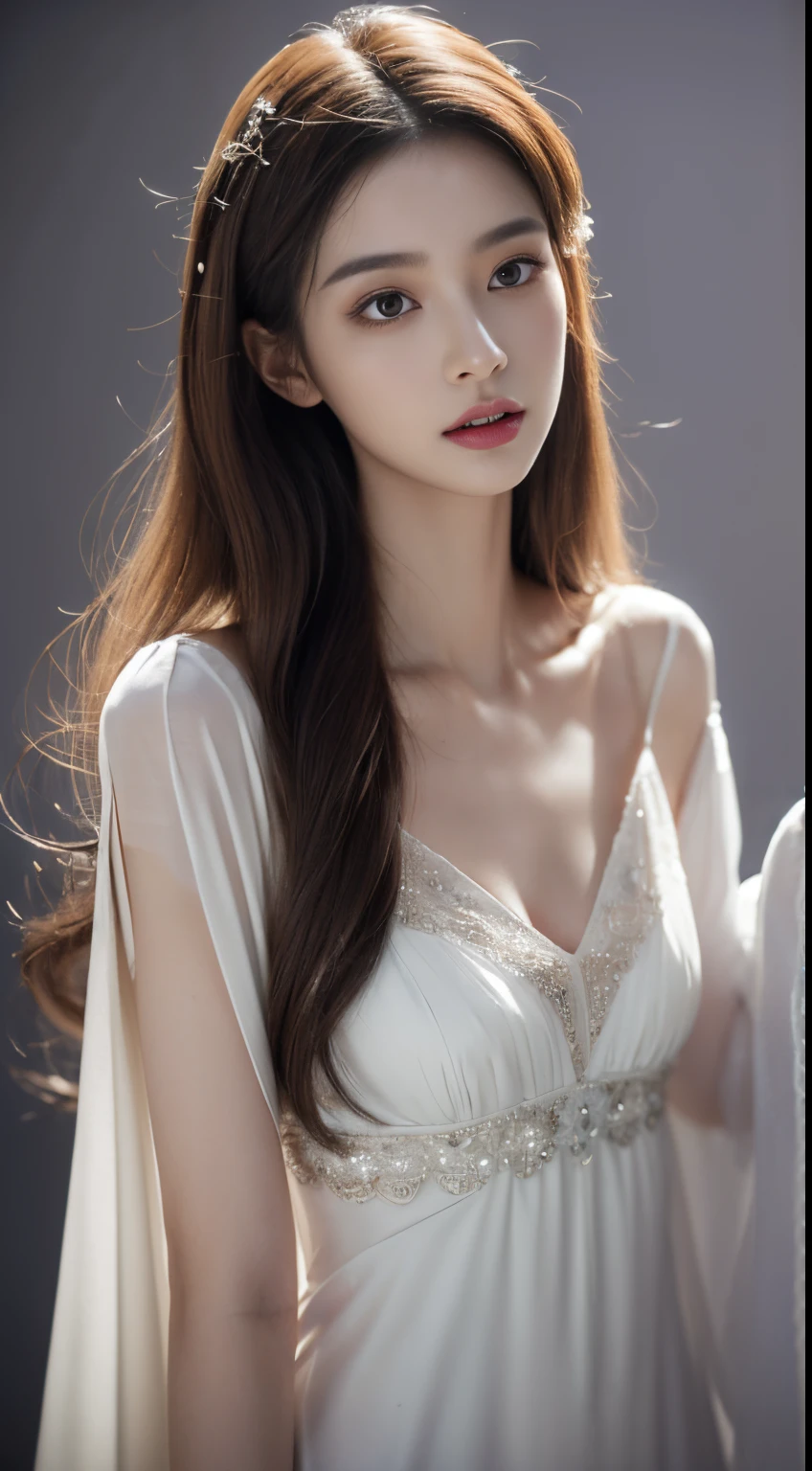 (Photorealistic),(Masterpiece),(ultra-detailed),a very close shot of very pretty tall idol girl but so busy that she had starved for a month so very close to fainting but somehow stays conscious for her fans and has extremely thin which are just bones and thinner than sticks and she is wearing a white loose silk dress,ghostly appearance because of thinness but beautiful