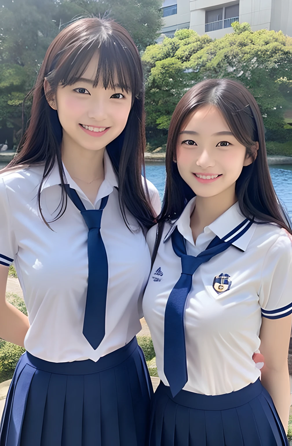 japanaese girl、、perfect body type、A smile、Transparency、large full breasts、School Uniforms、Navy blue tie、Navy blue skirt、Light blue shirt、hposing Gravure Idol、waterside