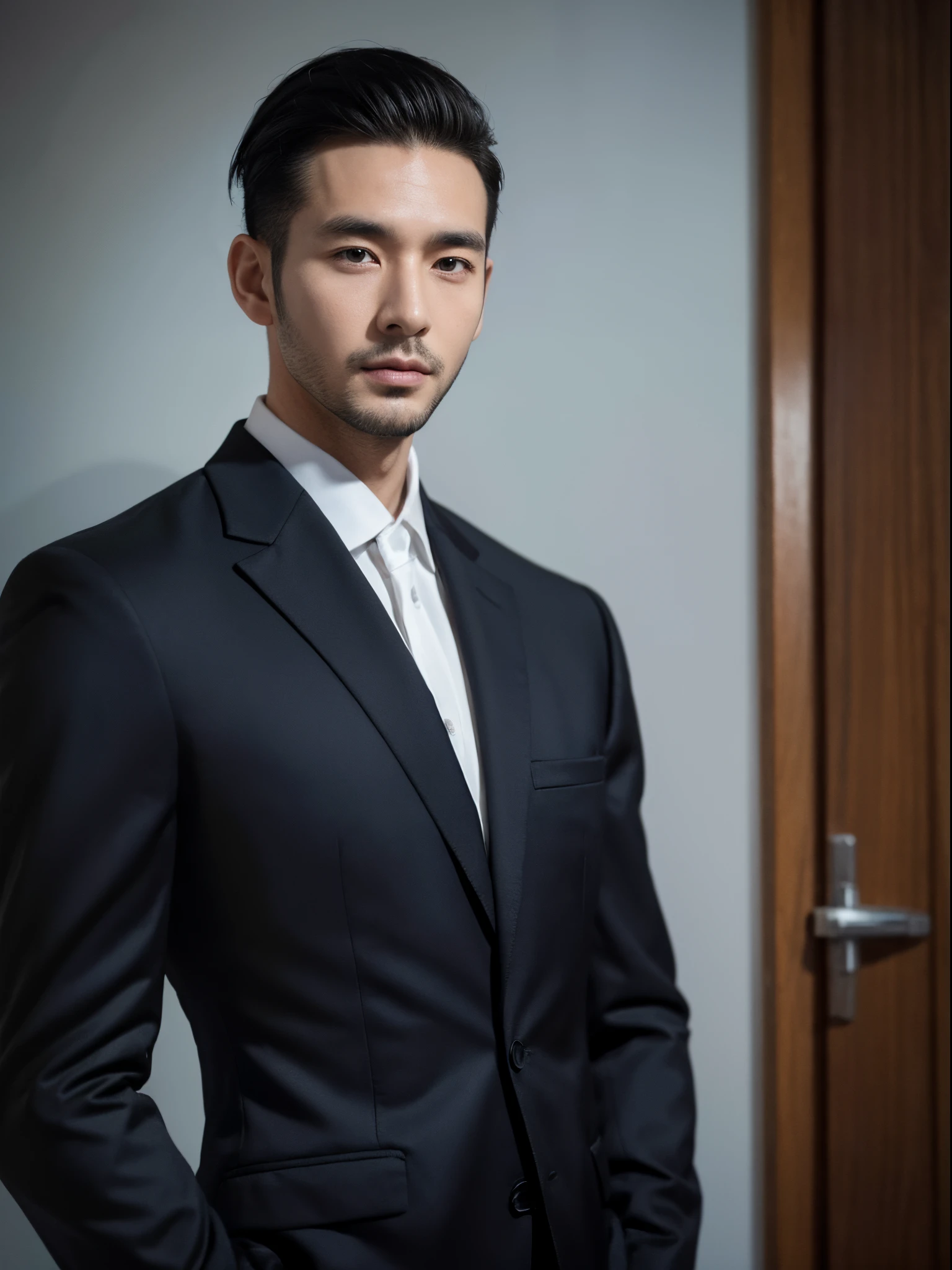 male, 30 years old, slick back, suit, chinese town, half body photo