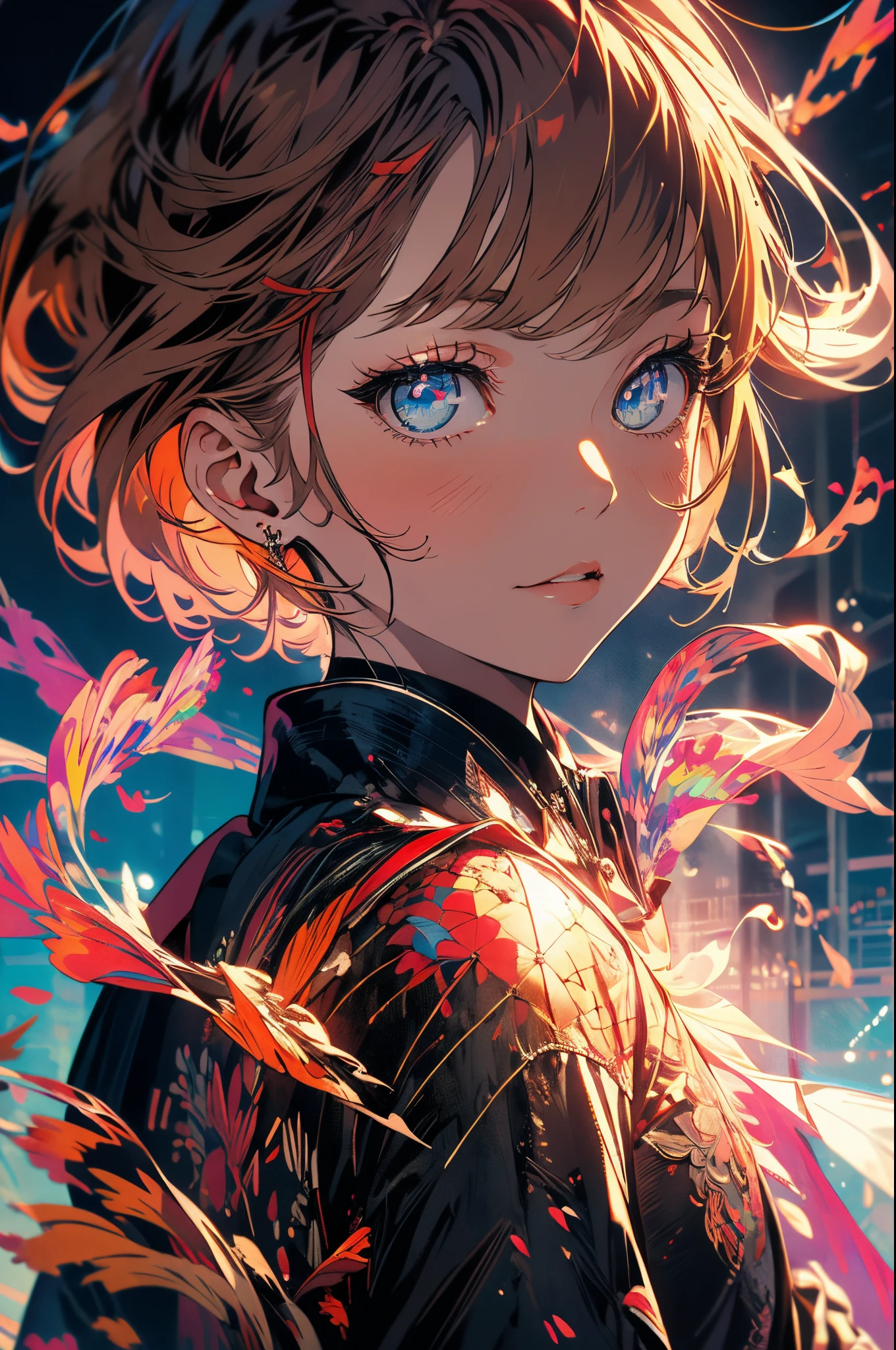 (masterpiece:1.2), best quality, portrait, midjourney, 1girl, upper body, looking at viewer, short hair, tie, long sleeves, blazer, cinematic light, ultra-detailed, vivid colors, night sky